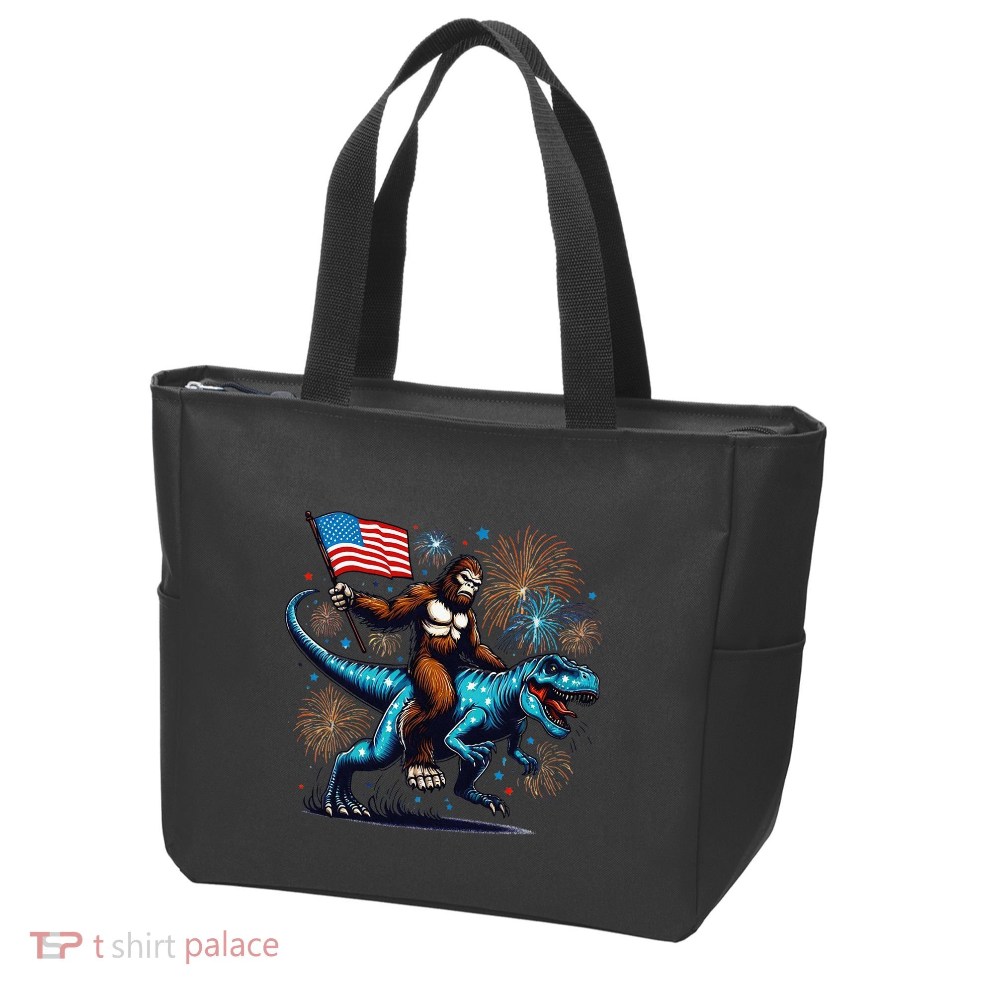 Bigfoot Fireworks Riding A Trex With Usa Flag Tote Bag