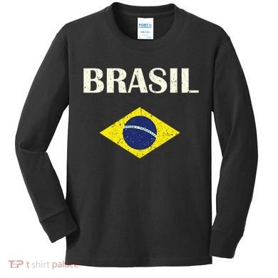 Brasil Flag Retro Soccer Kids Long Sleeve Shirt