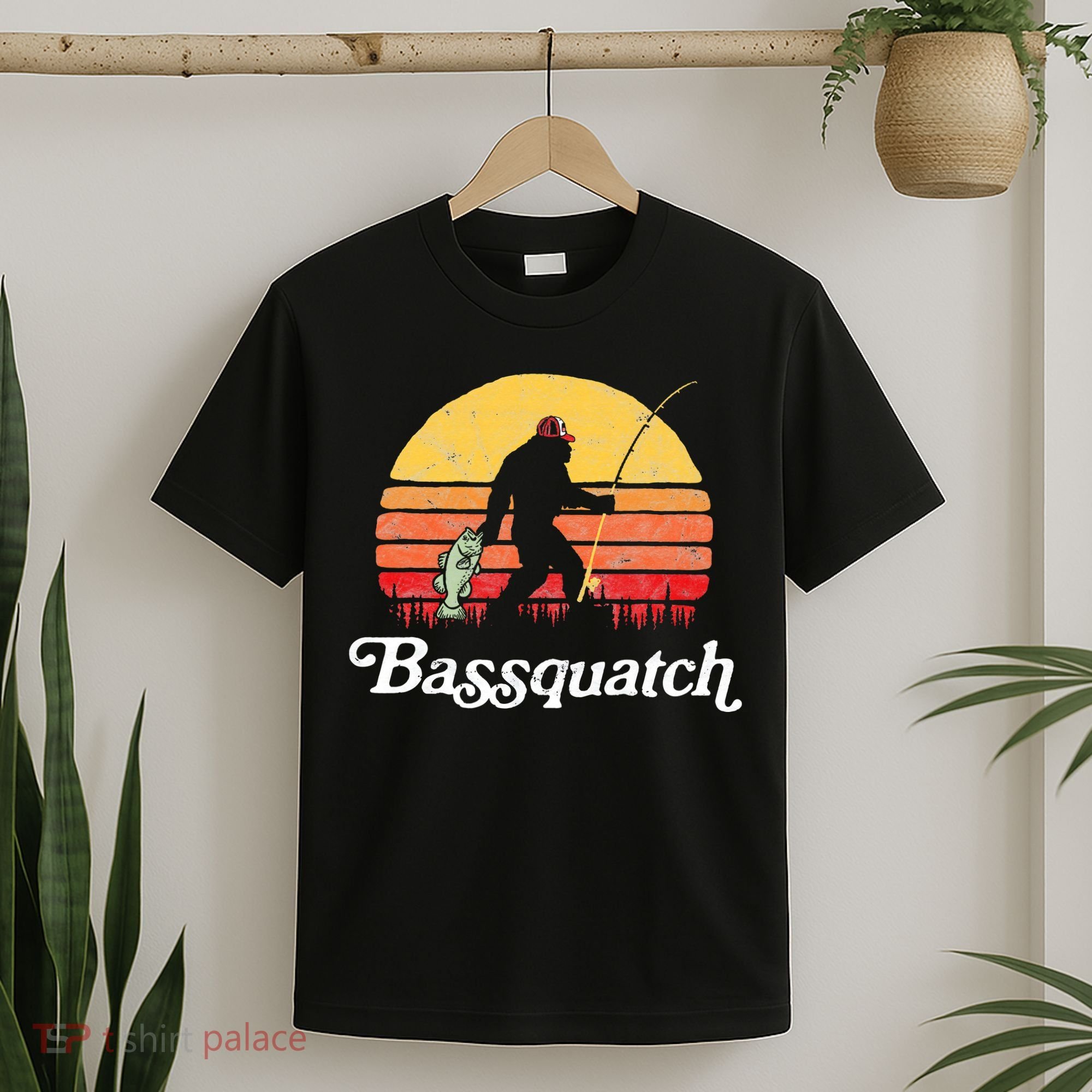 Bigfoot Fishing Shirt Funny Retro Sasquatch Dad T-Shirt