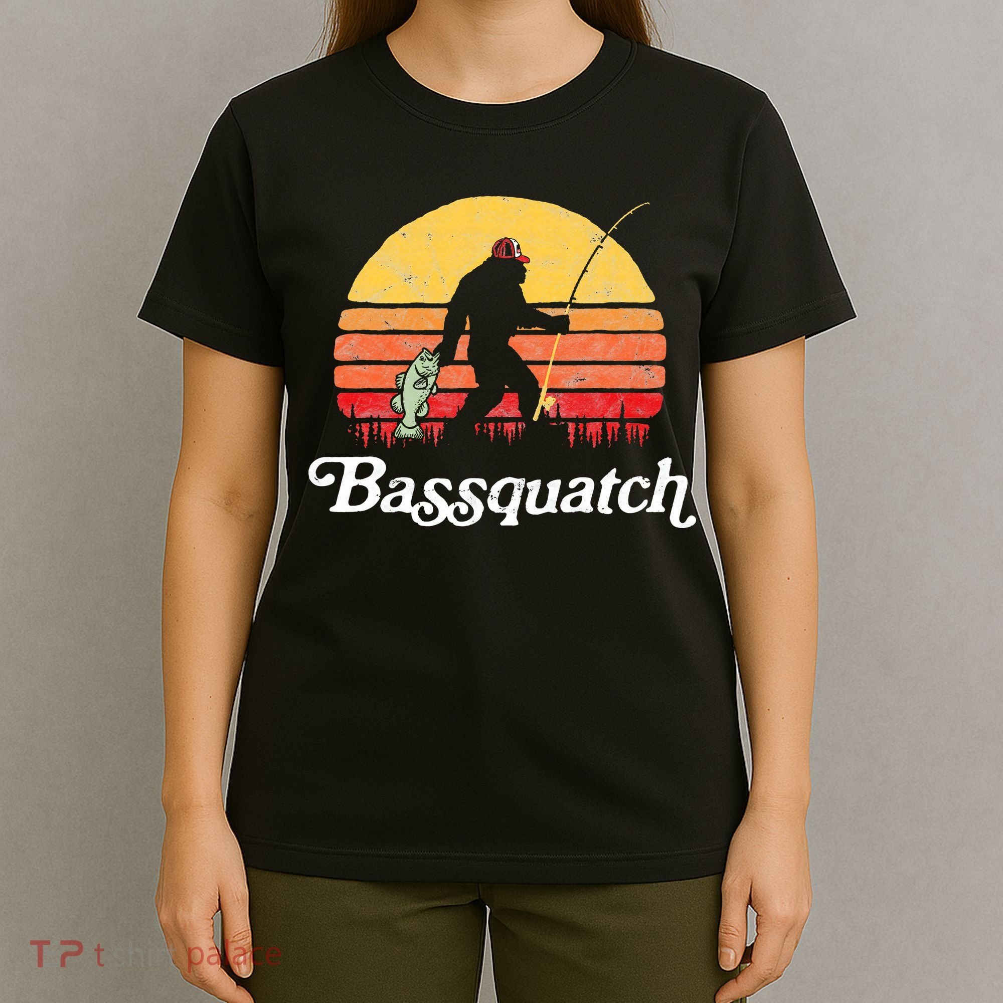 Bigfoot Fishing Shirt Funny Retro Sasquatch Dad T-Shirt