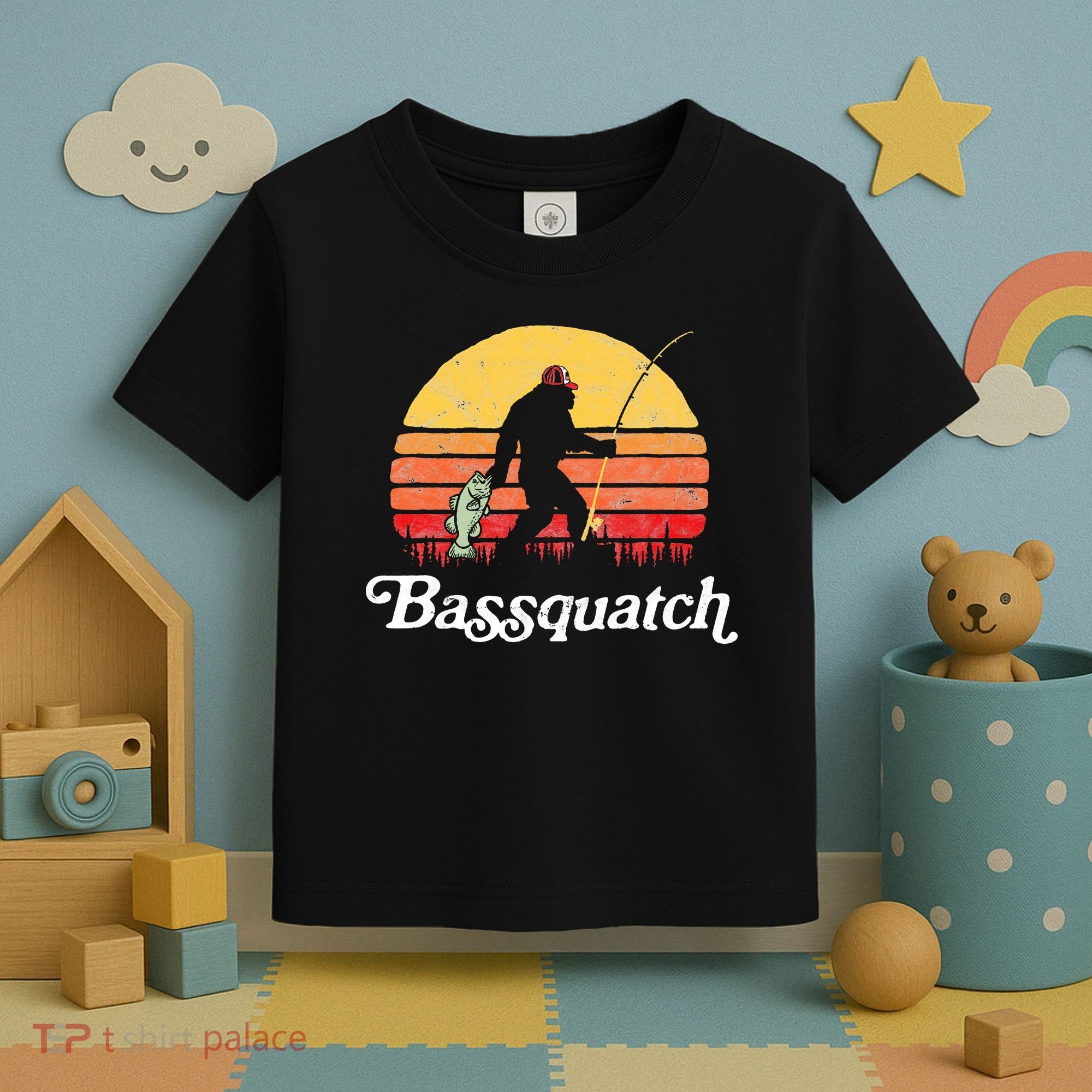 Bigfoot Fishing Shirt Funny Retro Sasquatch Dad Toddler T-Shirt