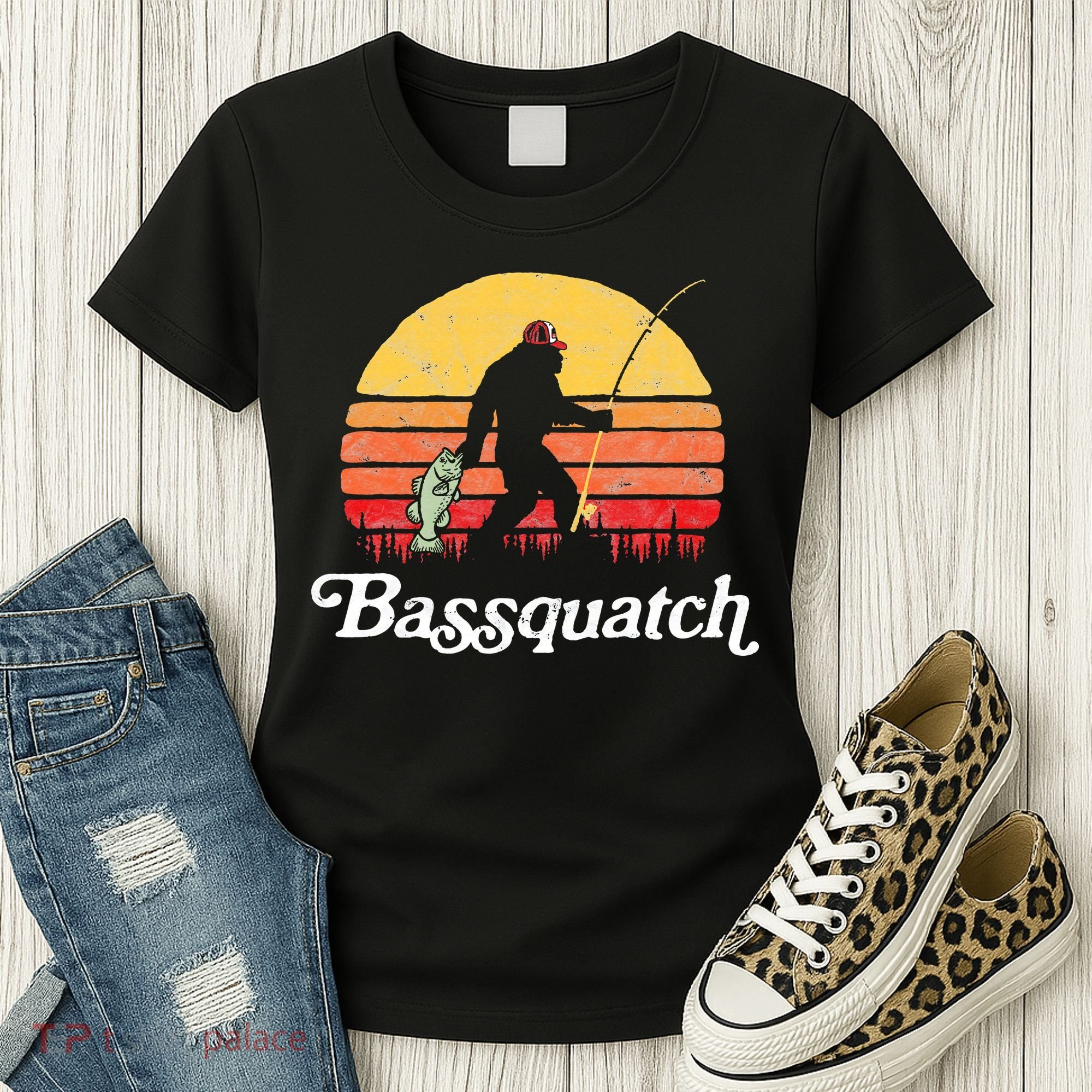 Bigfoot Fishing Shirt Funny Retro Sasquatch Dad Women's T-Shirt