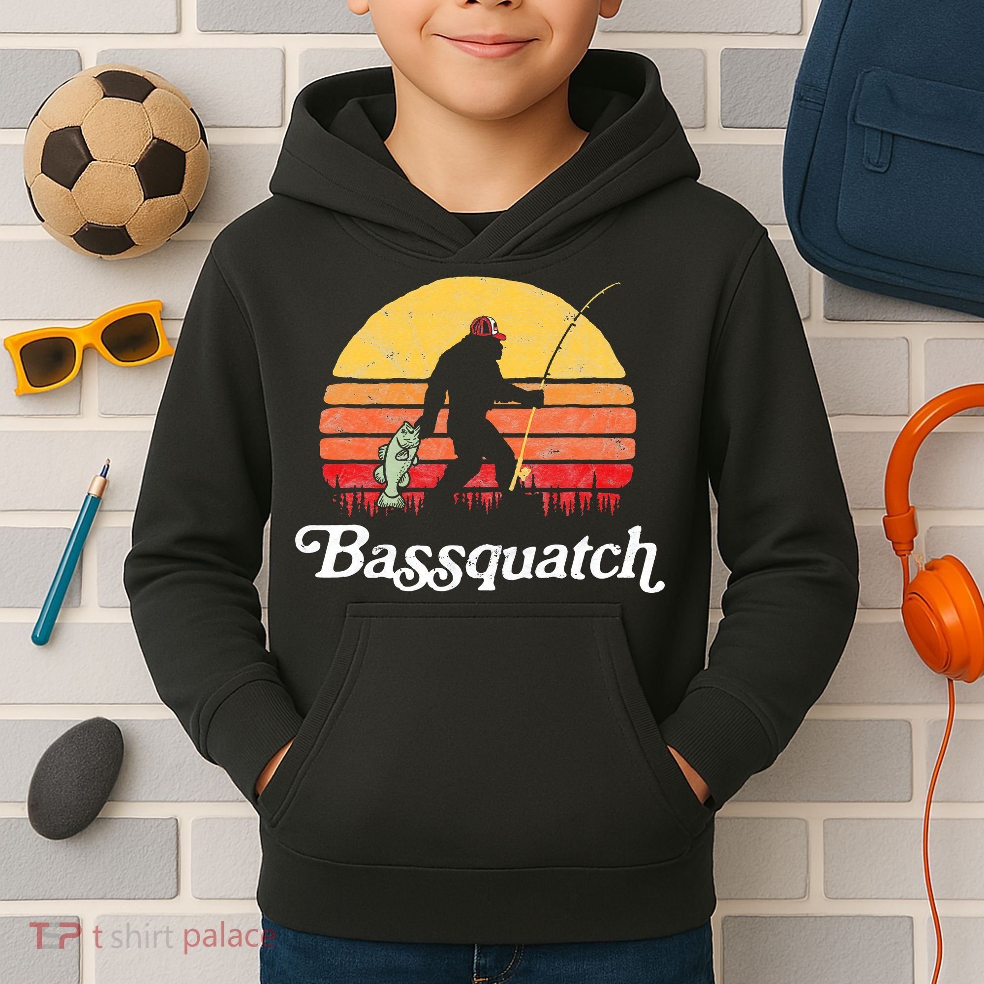 Bigfoot Fishing Shirt Funny Retro Sasquatch Dad Kids Hoodie