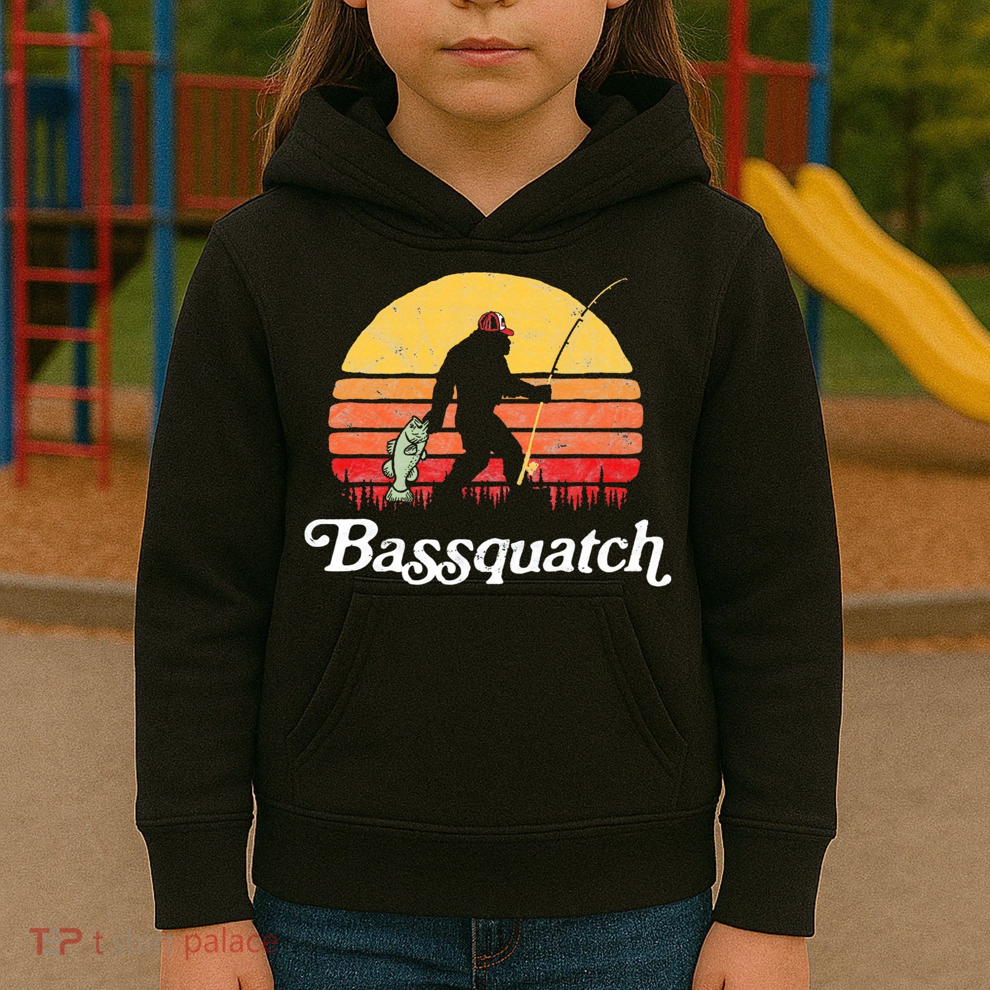 Bigfoot Fishing Shirt Funny Retro Sasquatch Dad Kids Hoodie