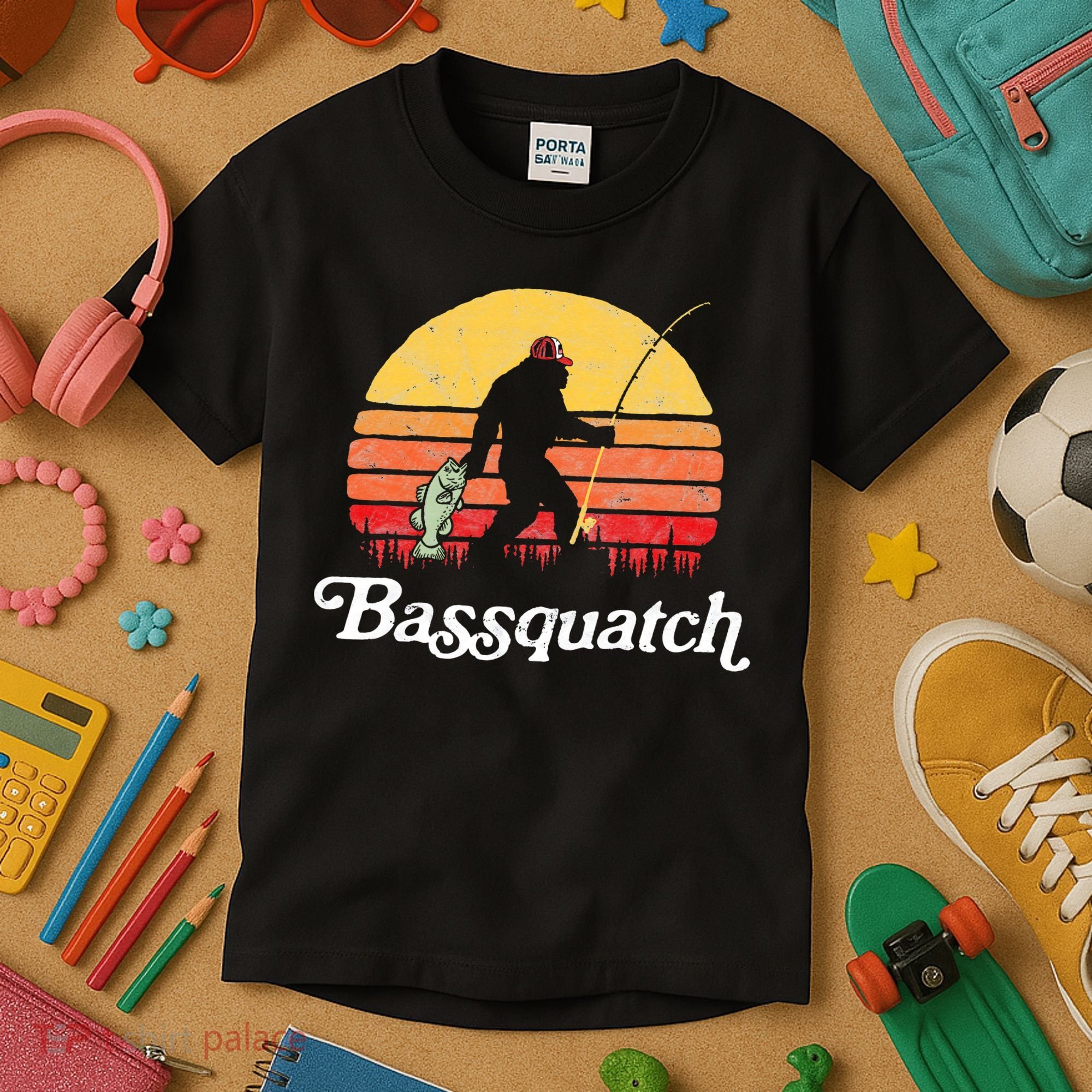 Bigfoot Fishing Shirt Funny Retro Sasquatch Dad Kids T-Shirt