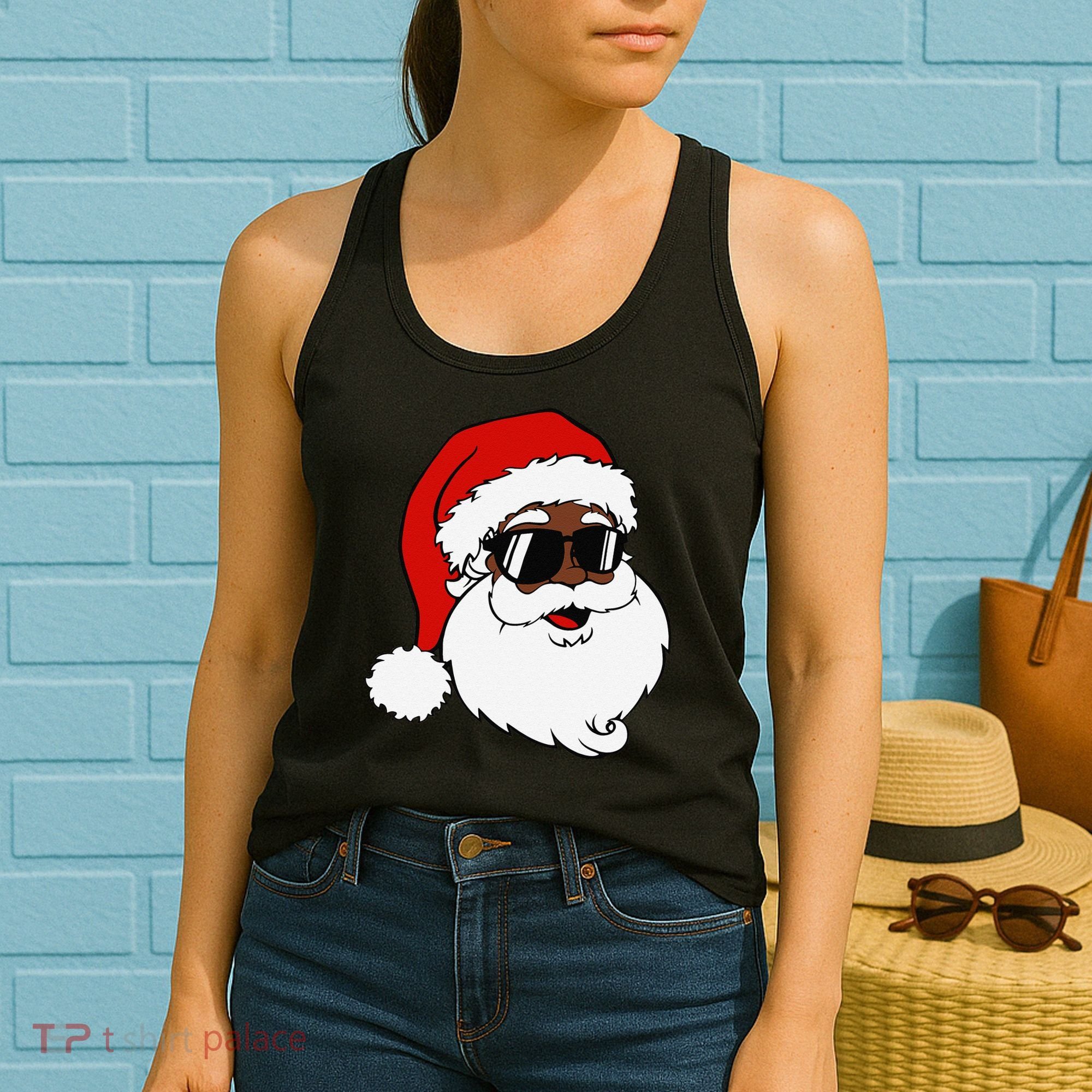 Black Funny Santa Claus Sunglasses Christmas Xmas Women's Tank Top