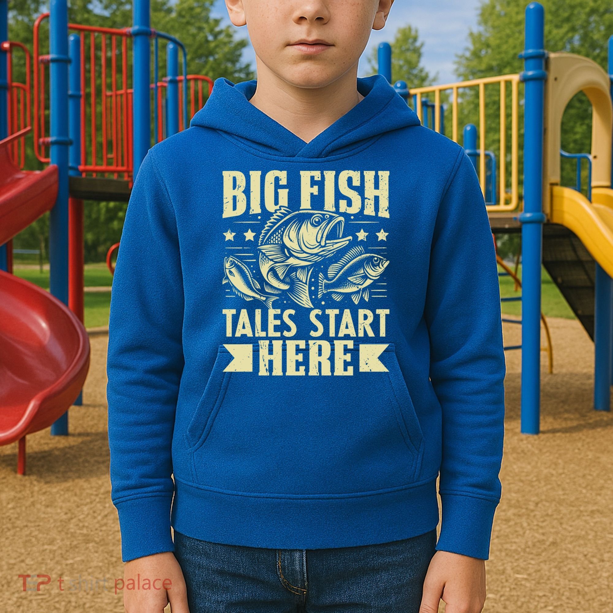 Big Fish Tales Start Here Fishing Gift Kids Hoodie