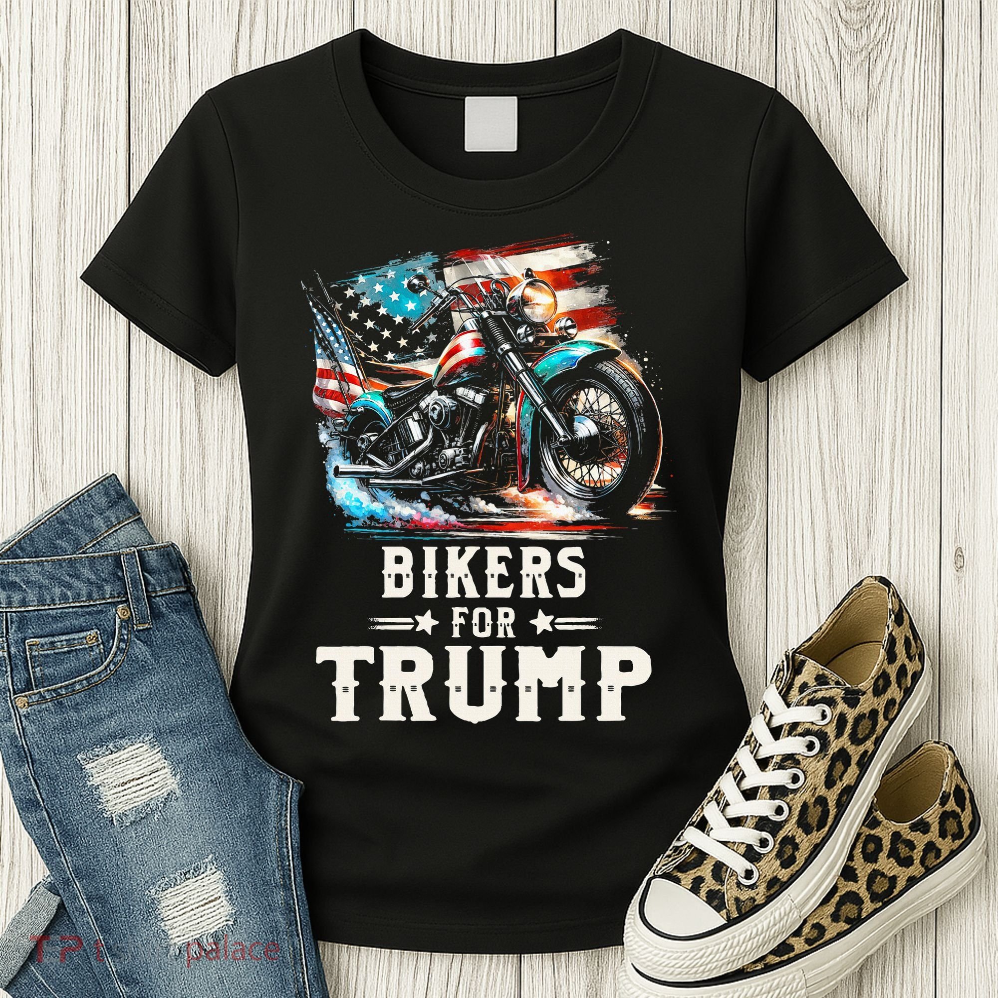 Bikers For Trump 2024 Motorcycle Patriotic American Flag Women's T-Shirt