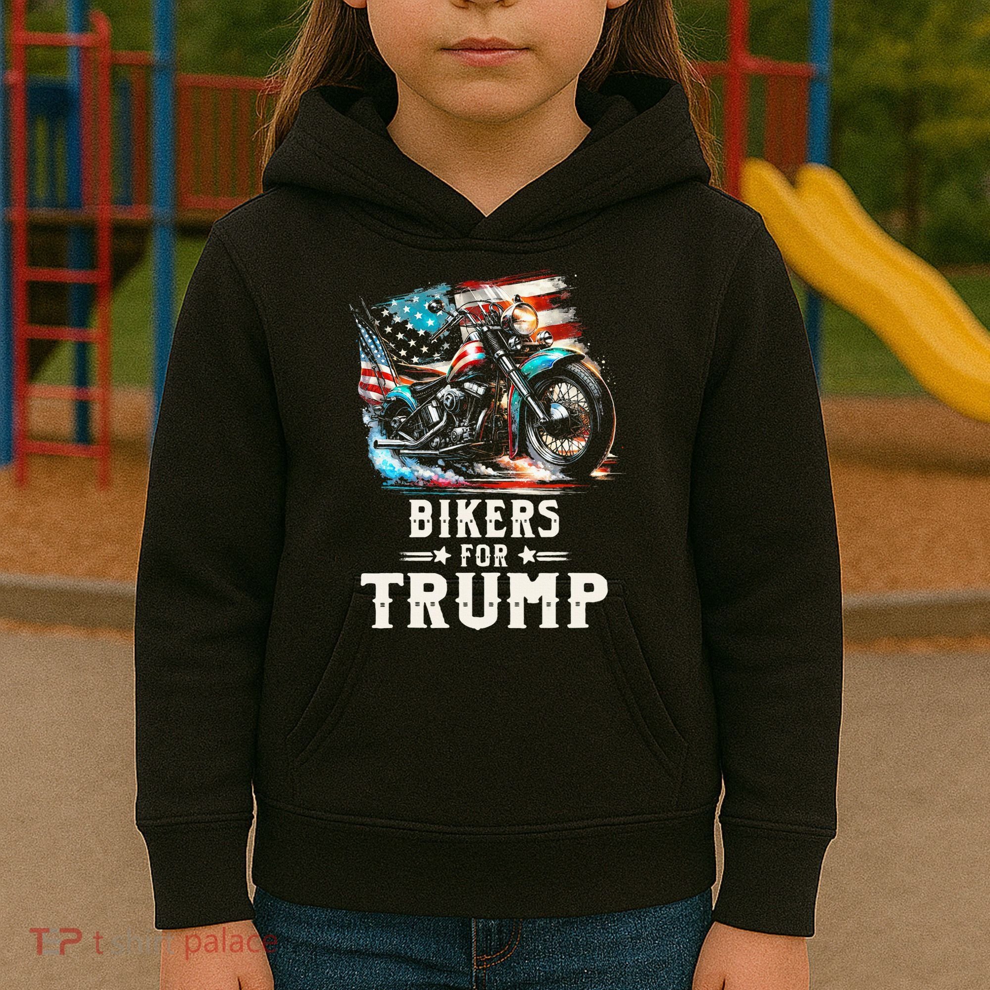 Bikers For Trump 2024 Motorcycle Patriotic American Flag Kids Hoodie