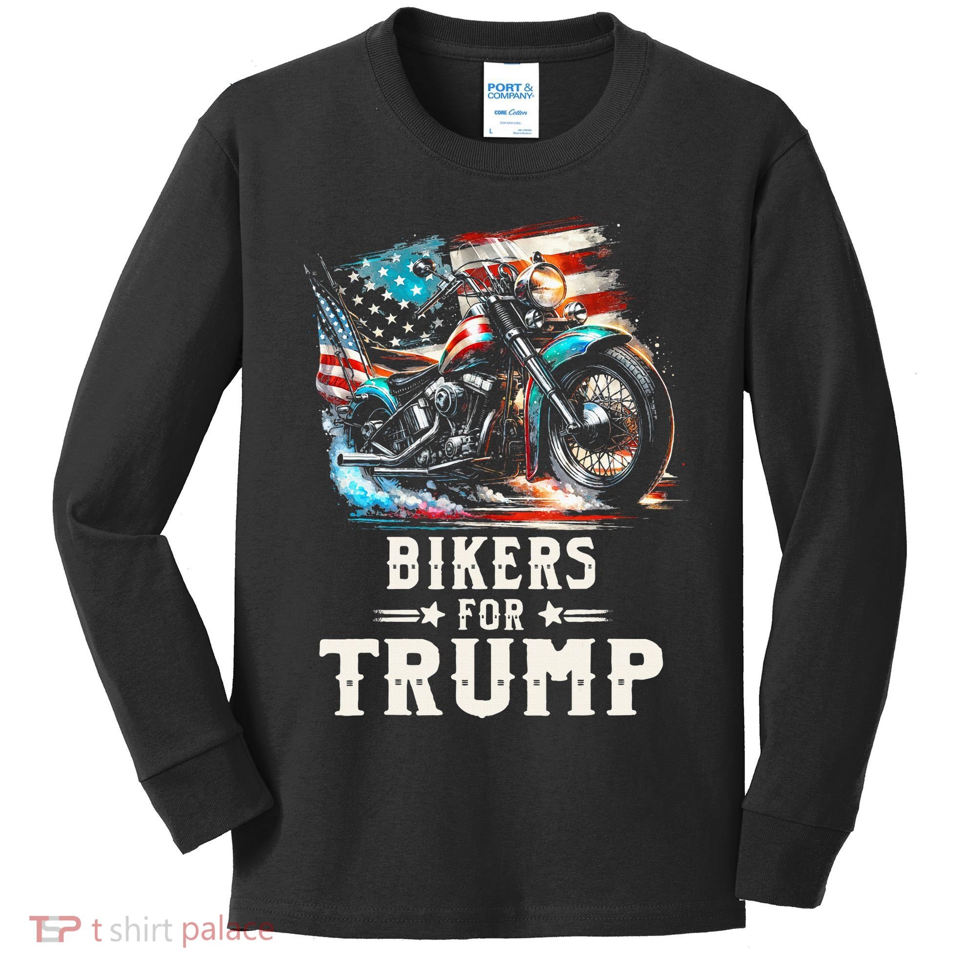 Bikers For Trump 2024 Motorcycle Patriotic American Flag Kids Long Sleeve Shirt