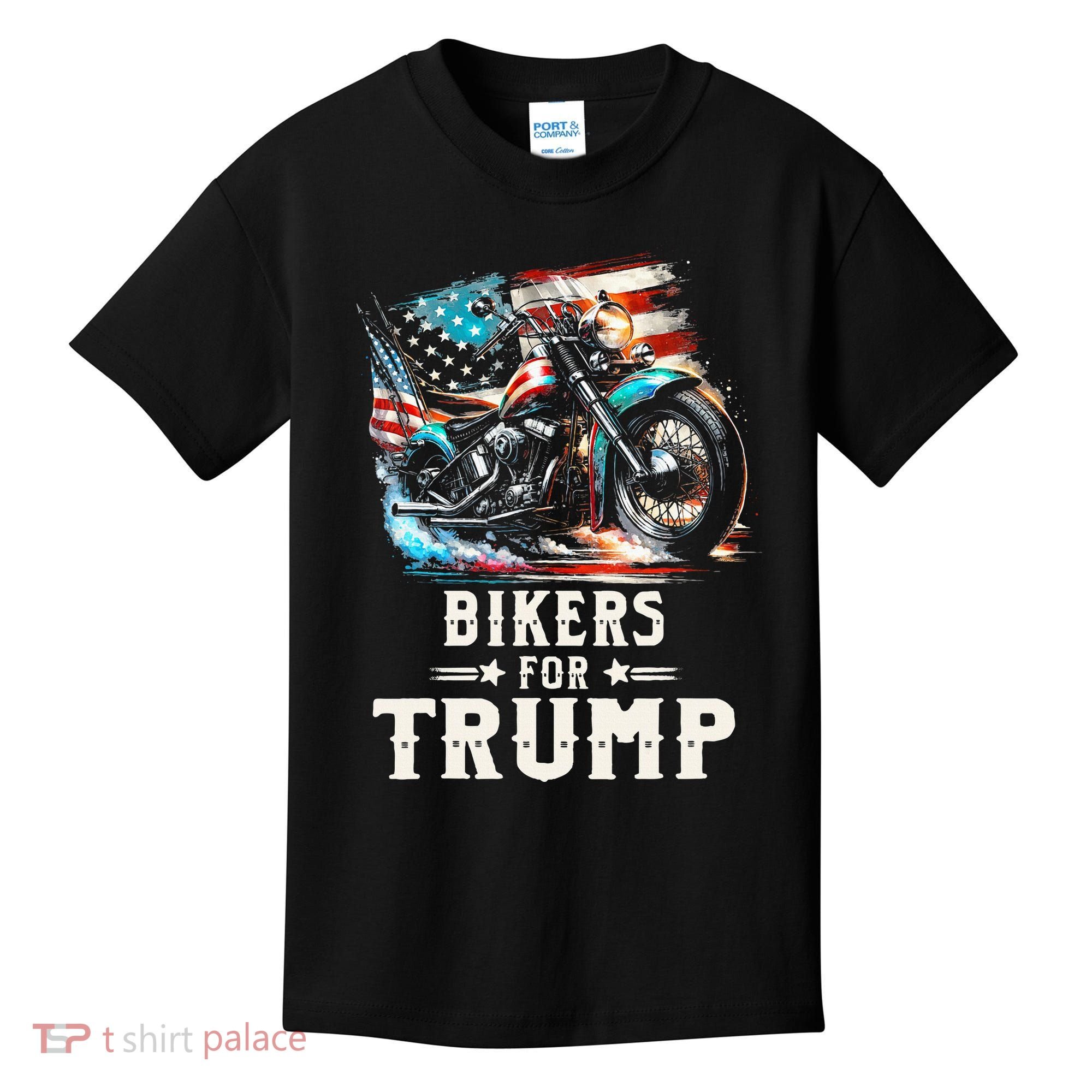 Bikers For Trump 2024 Motorcycle Patriotic American Flag Kids T-Shirt