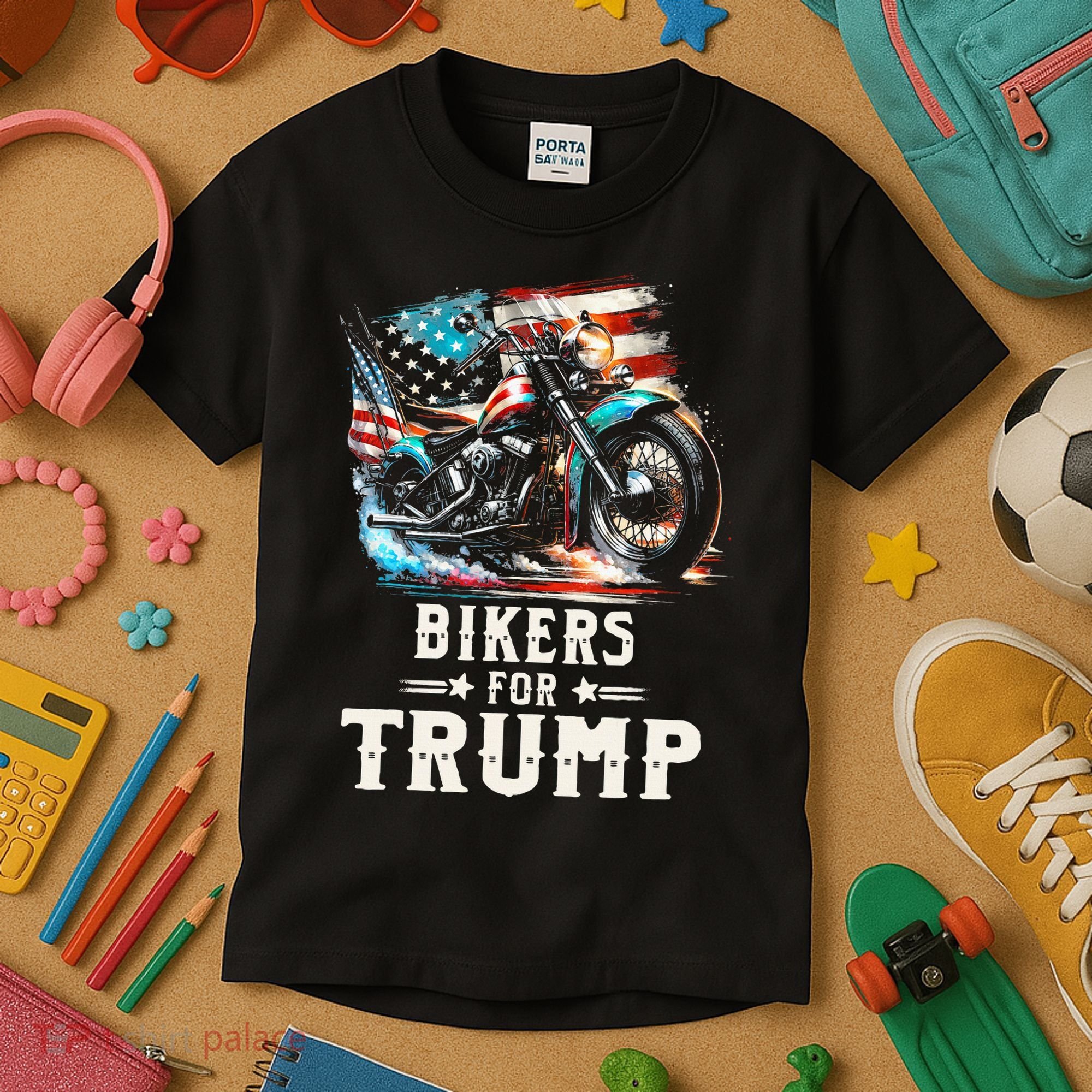 Bikers For Trump 2024 Motorcycle Patriotic American Flag Kids T-Shirt
