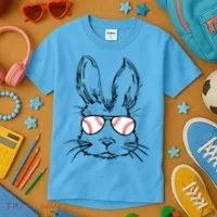 Bunny Face With Baseball Sunglasses Easter Day Gift Kids T-Shirt thumb 3