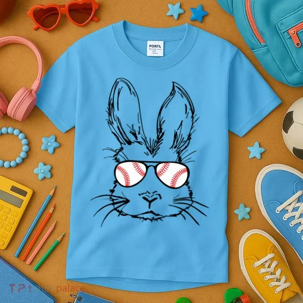 Bunny Face With Baseball Sunglasses Easter Day Gift Kids T-Shirt