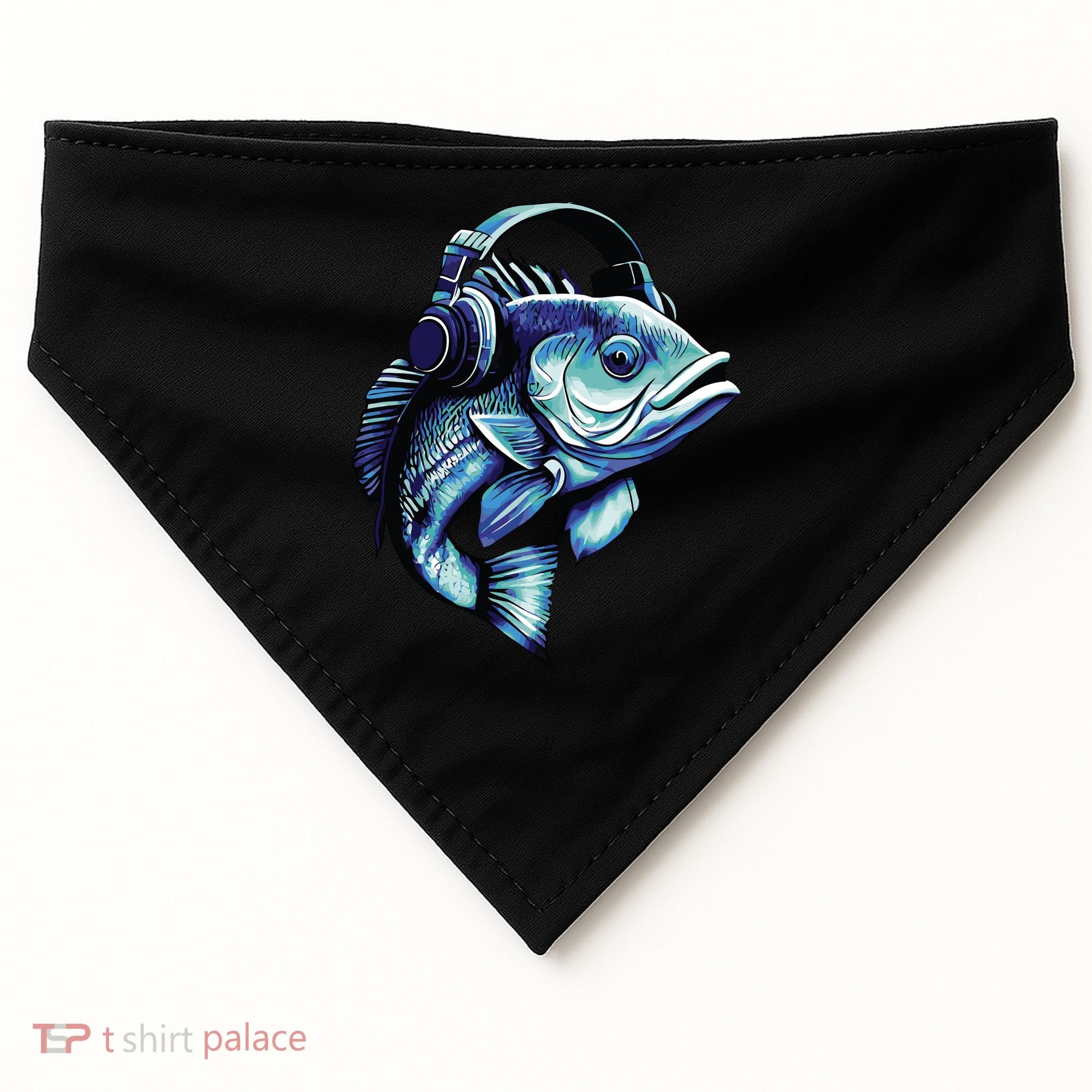 Bass Fish Wearing Headphones USA-Made Doggie Bandana