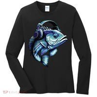 Bass Fish Wearing Headphones Women's Long Sleeve Shirt thumb 0