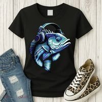 Bass Fish Wearing Headphones Women's T-Shirt thumb 3