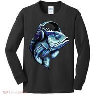 Bass Fish Wearing Headphones Kids Long Sleeve Shirt thumb 0