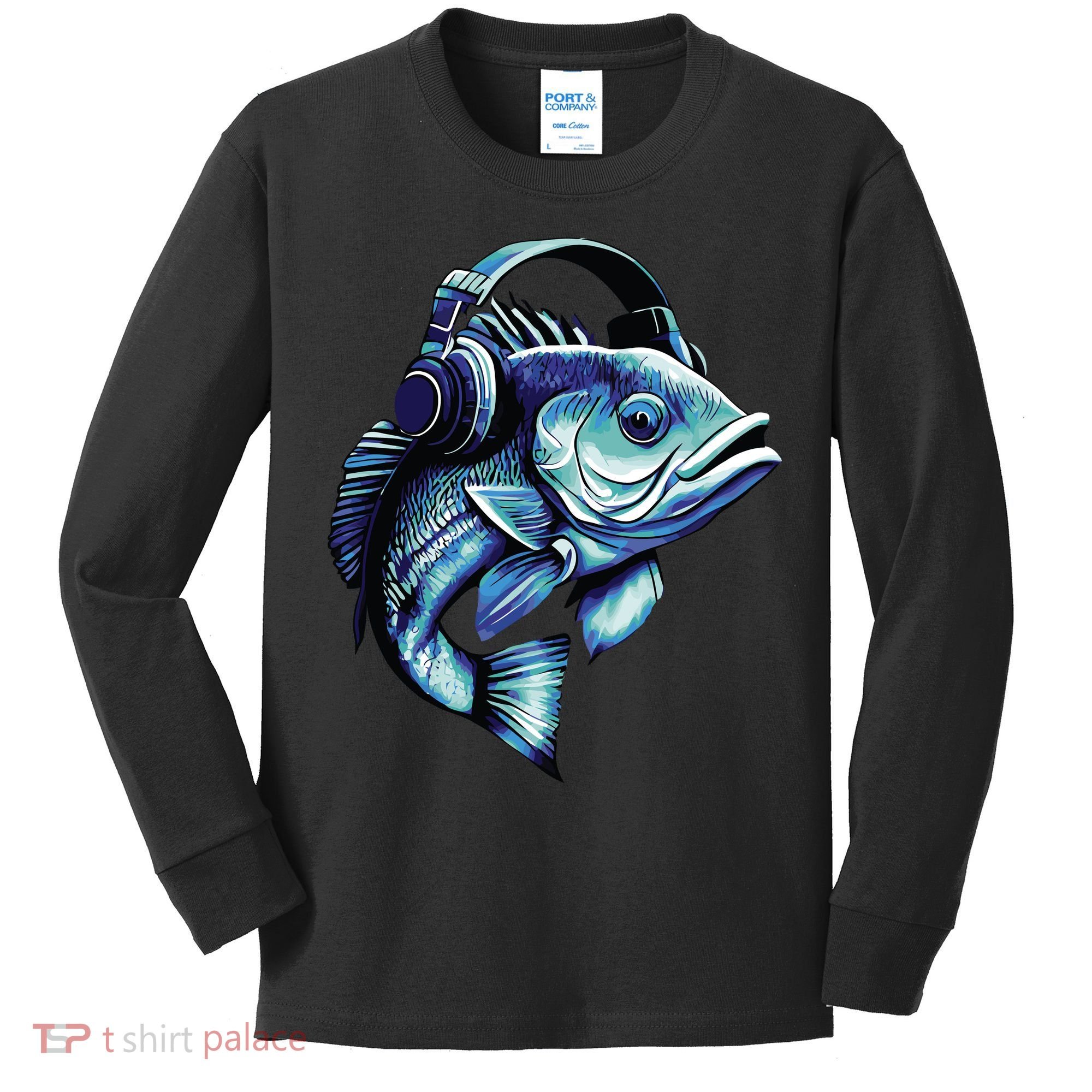 Bass Fish Wearing Headphones Kids Long Sleeve Shirt