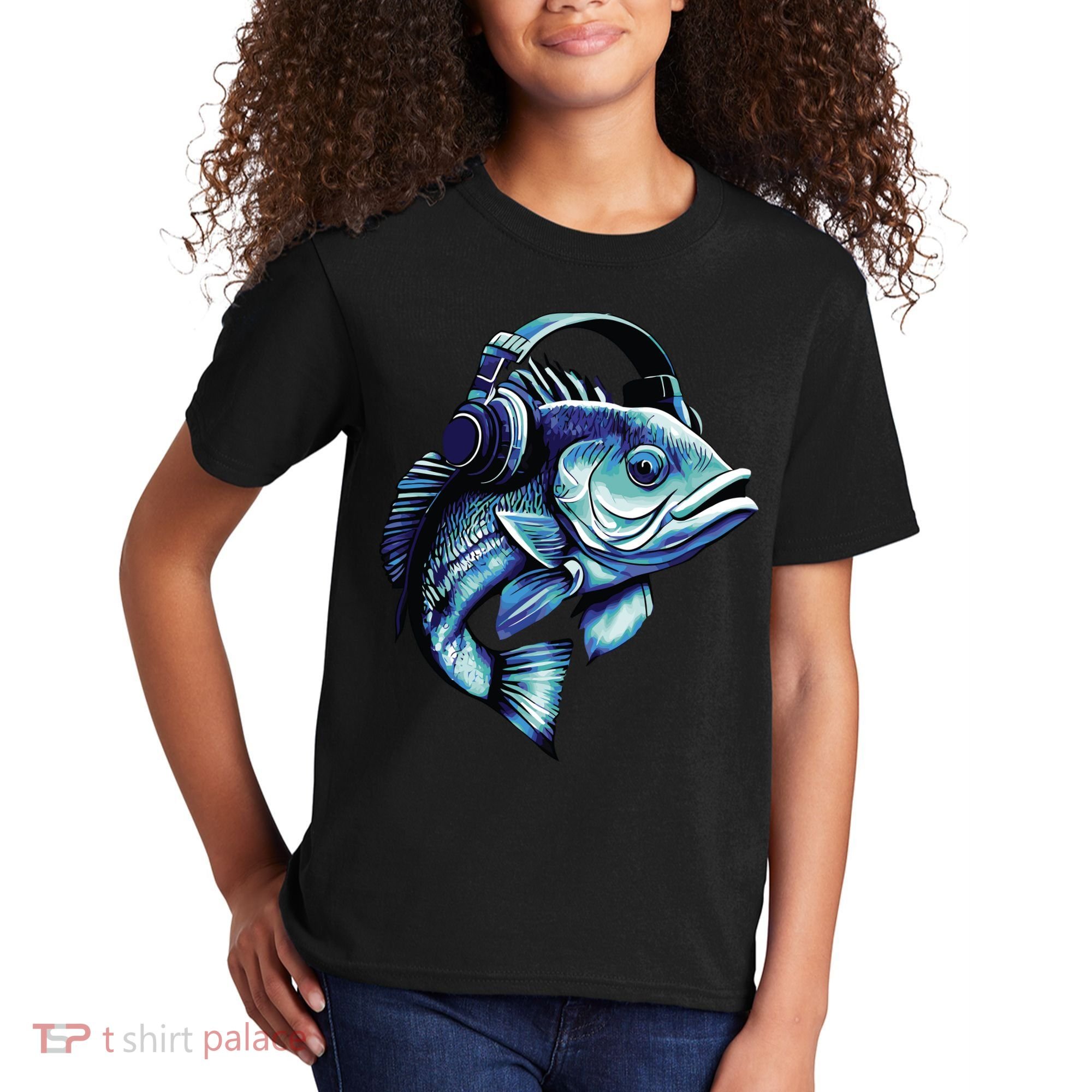 Bass Fish Wearing Headphones Kids T-Shirt