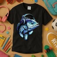 Bass Fish Wearing Headphones Kids T-Shirt thumb 3