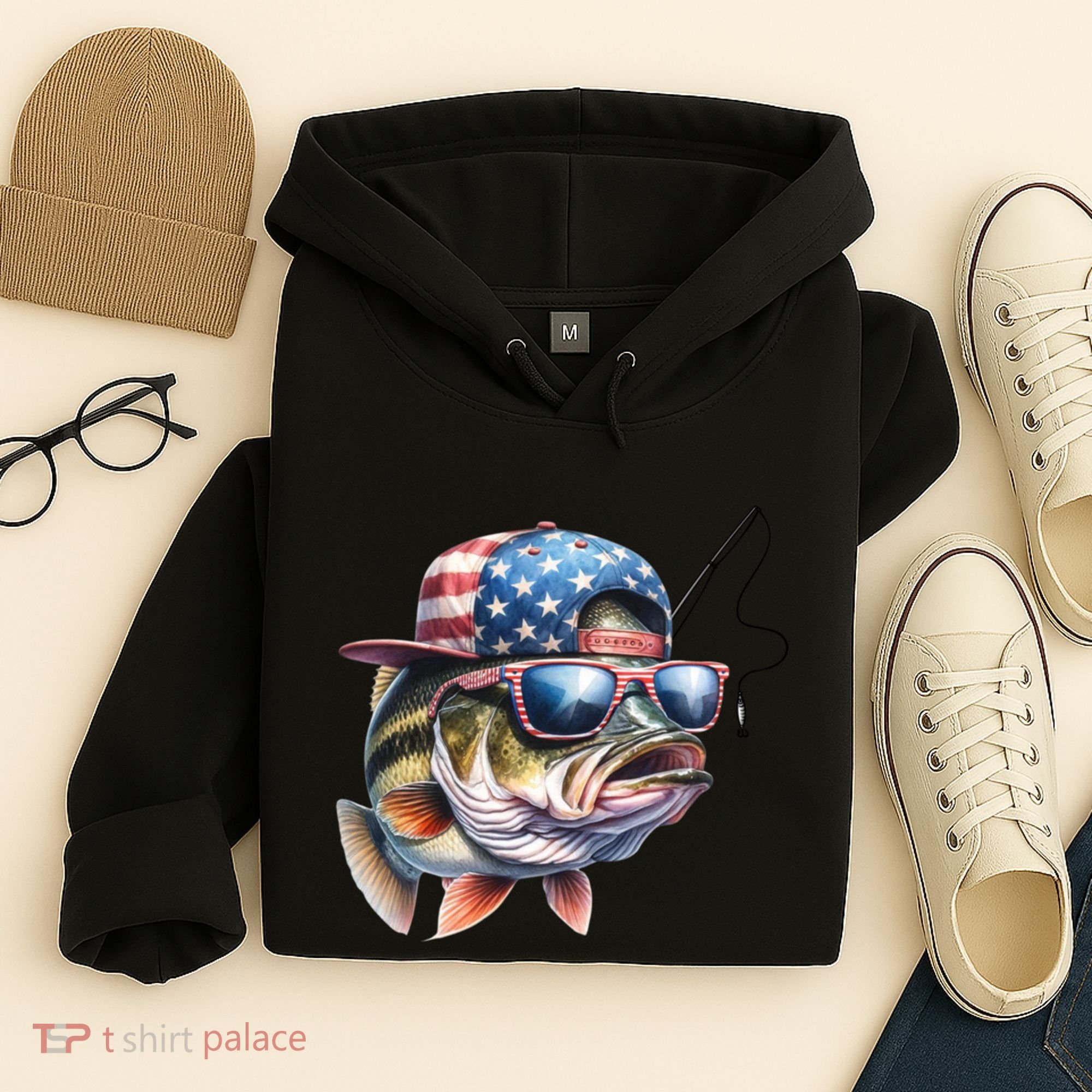 Bass Fish With Us Flag Gift Hoodie