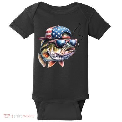 Bass Fish With Us Flag Gift Baby Bodysuit