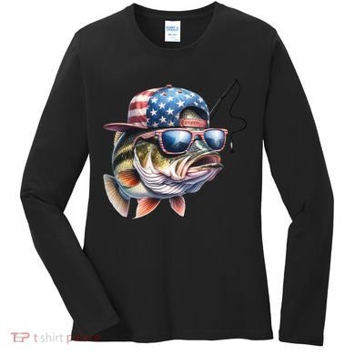 Bass Fish With Us Flag Gift Women's Long Sleeve Shirt
