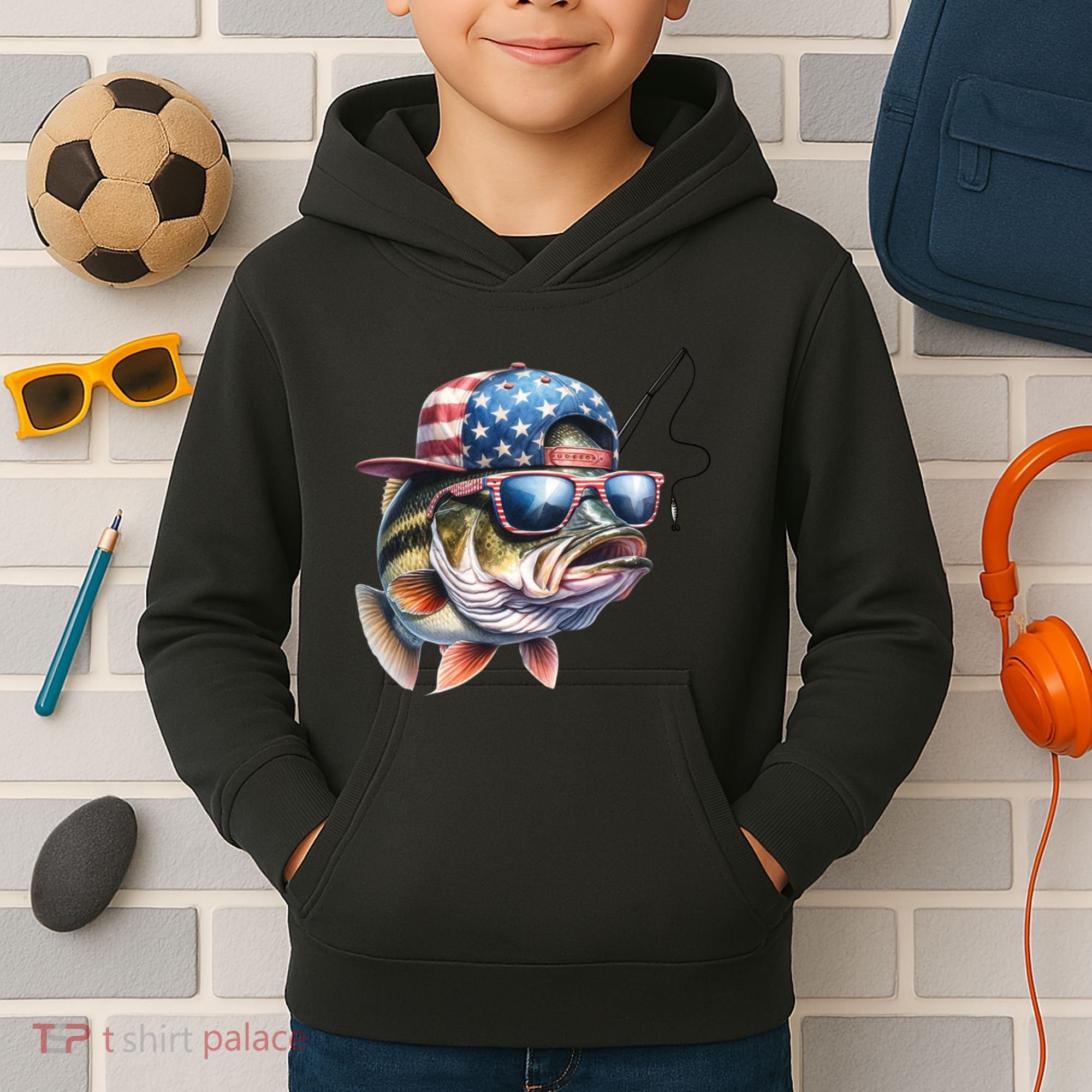Bass Fish With Us Flag Gift Kids Hoodie
