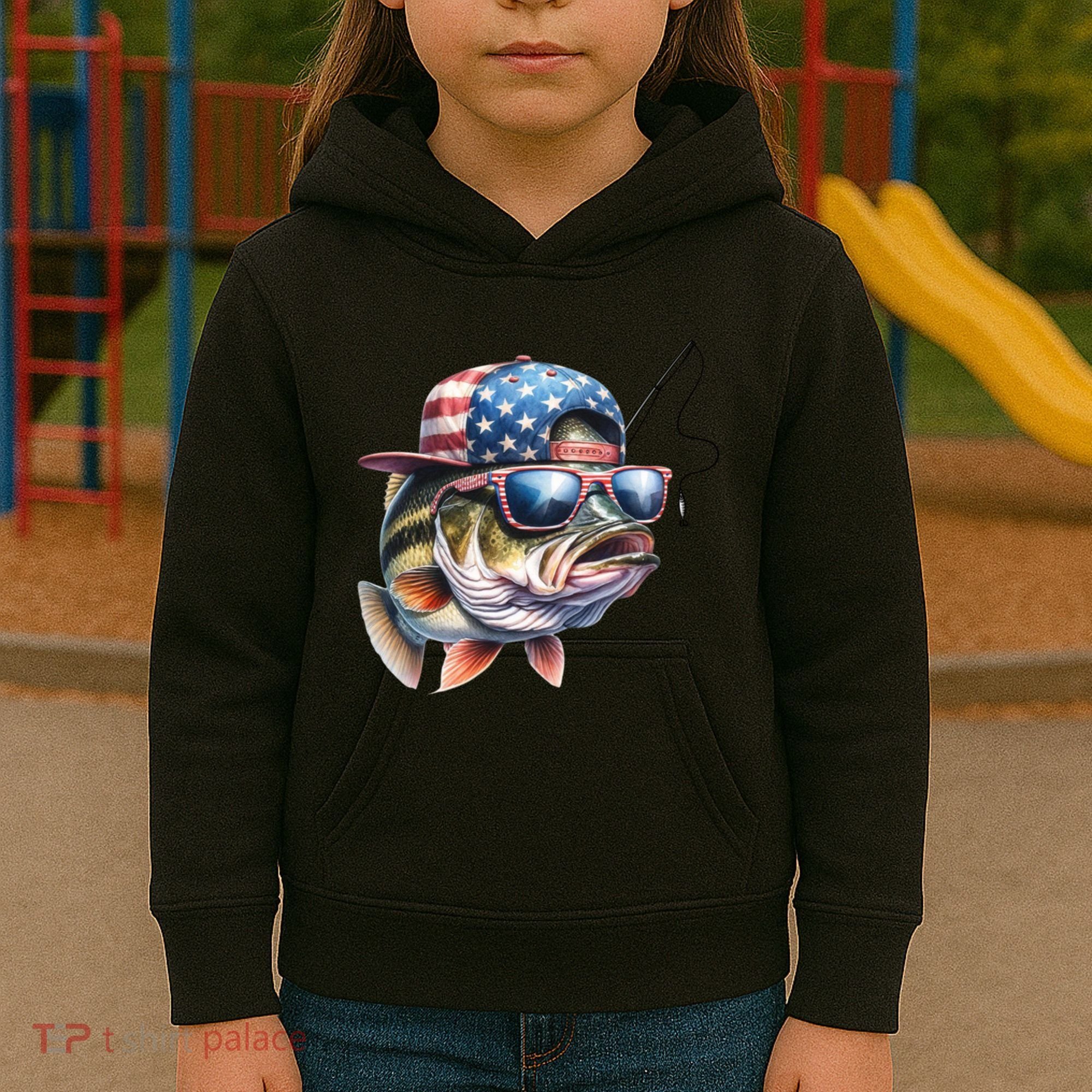 Bass Fish With Us Flag Gift Kids Hoodie