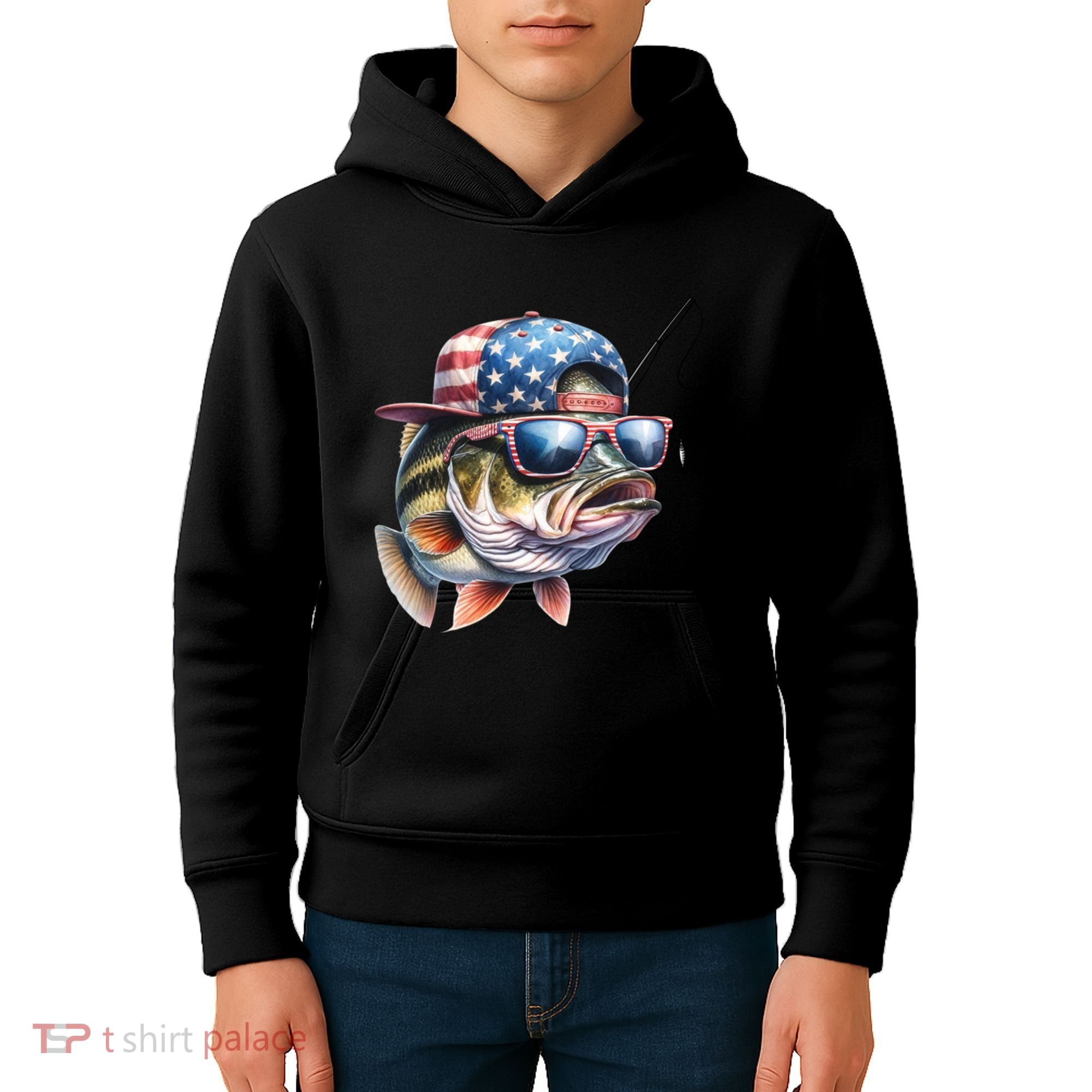 Bass Fish With Us Flag Gift Kids Hoodie