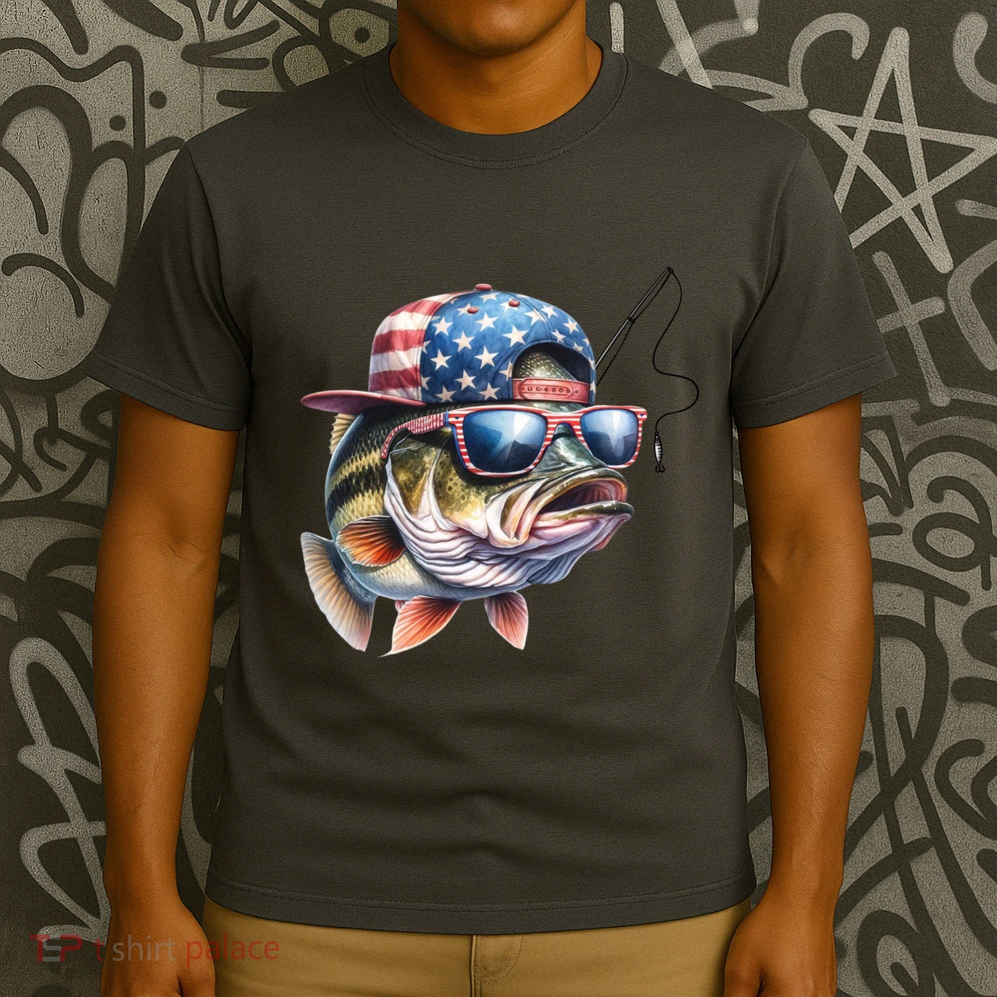 Bass Fish With Us Flag Gift T-Shirt