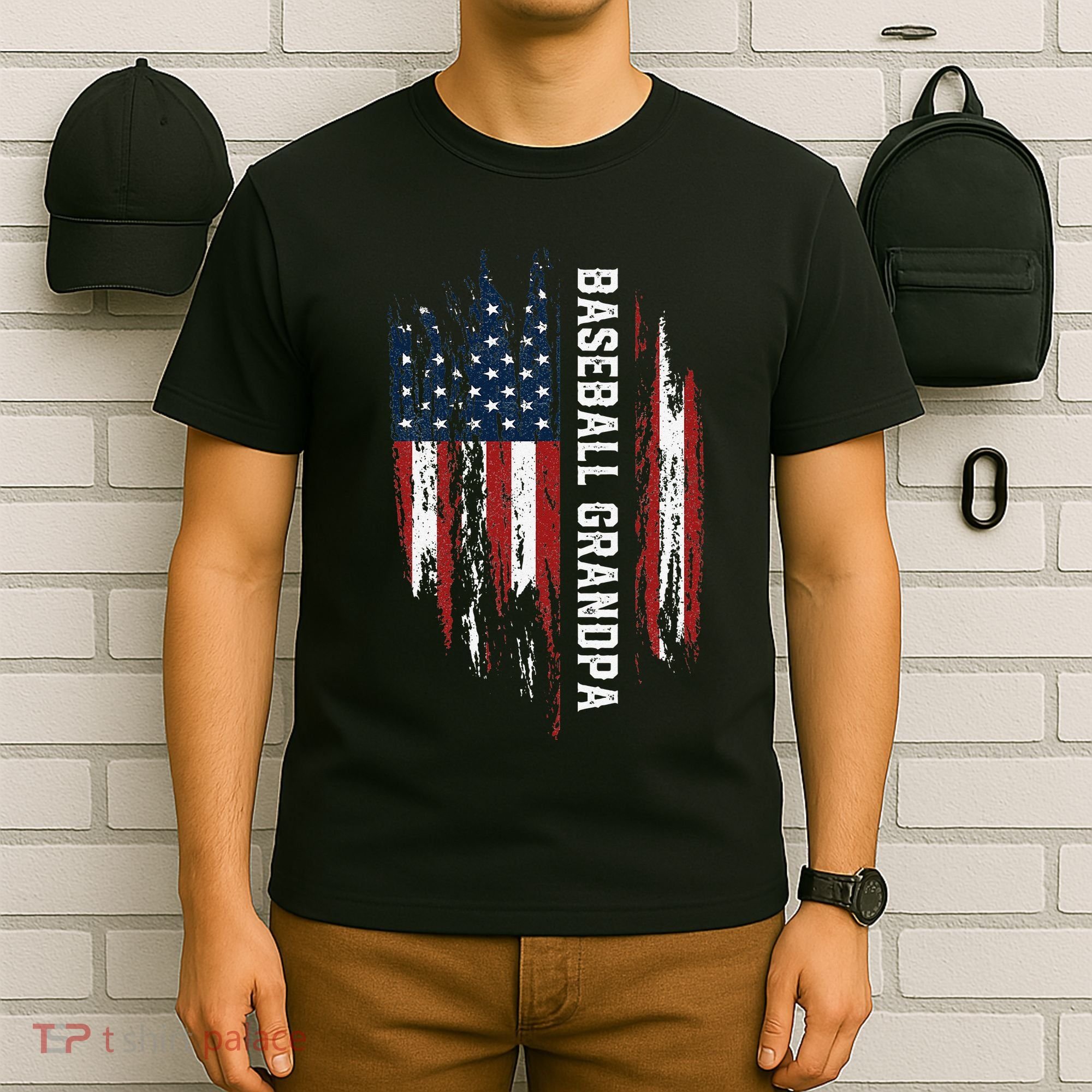 Baseball Grandpa American Flag Grandson Papa 4th Of July T-Shirt