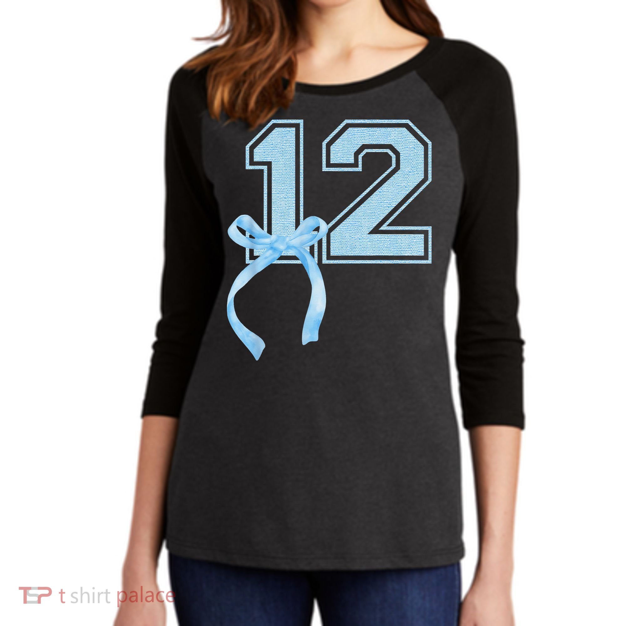 Birthday Girl Blue Coquette Bow 12 Year Old Women's Tri-Blend 3/4-Sleeve Raglan Shirt