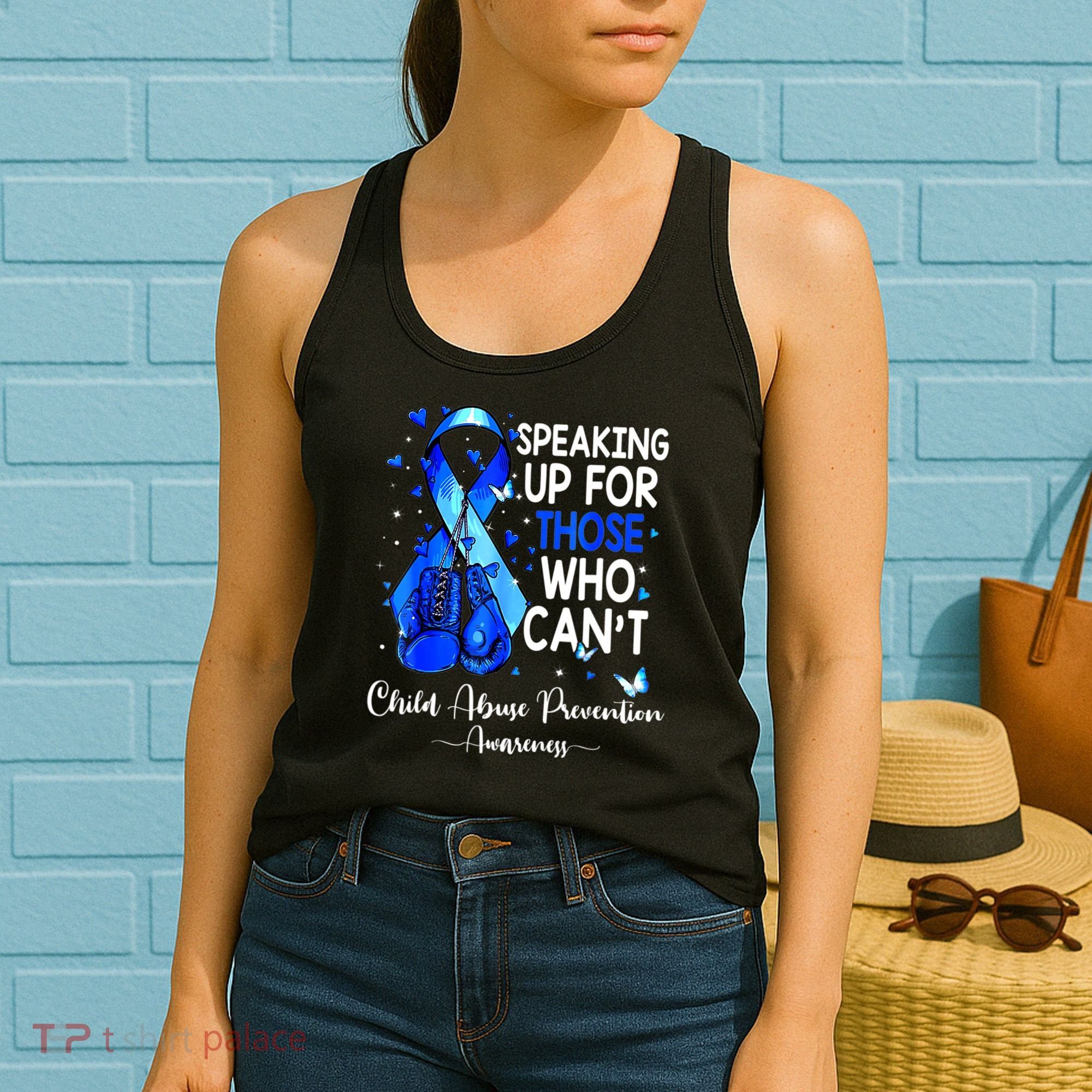 Boxing Gloves Blue Ribbon Child Abuse Prevention Awareness Women's Tank Top