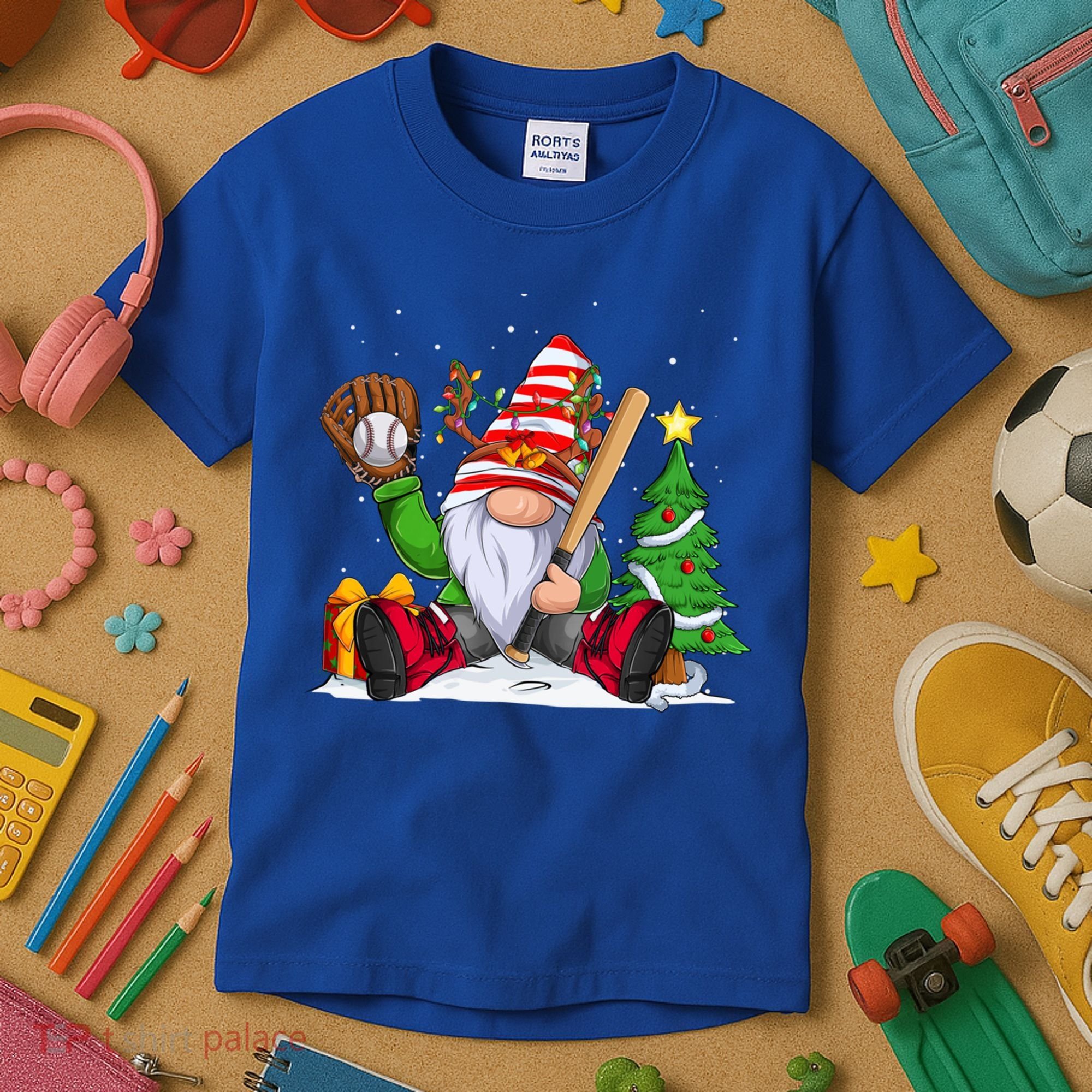 Baseball Gnome Christmas Winter Season Catcher Pitcher Funny Gift Kids T-Shirt