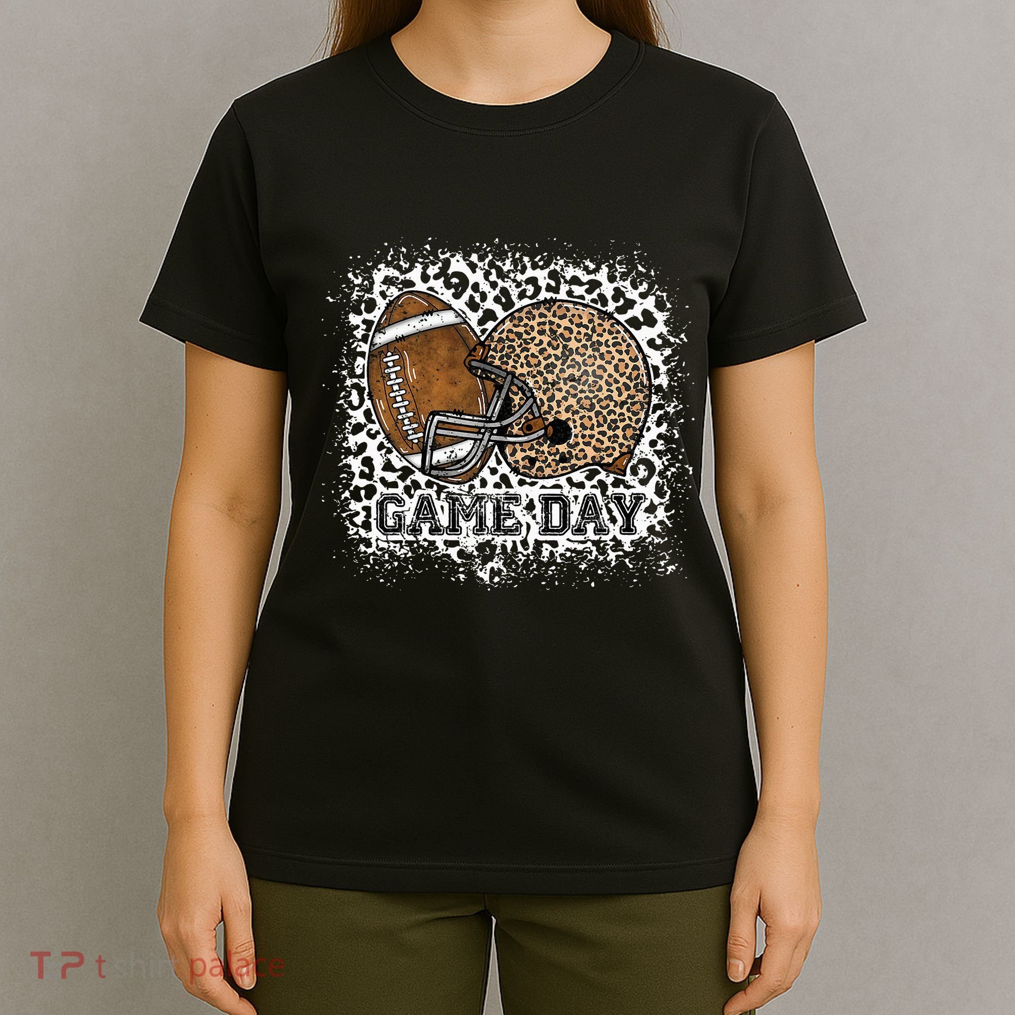 Bleached Game Day Leopard Football Helmet Sport Mom T-Shirt