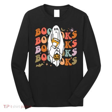 Booooks Ghost Halloween Groovy Vintage Teacher Book Reading Long Sleeve Shirt