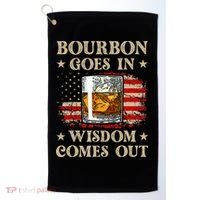 Bourbon Goes In Wisdom Comes Out Funny Drinking Golf Towel thumb 0