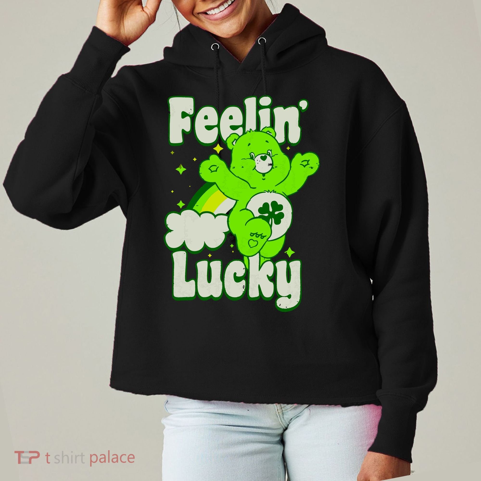 Bears Good Luck Bear Jumping Feelin Lucky Distressed Ladies Heavyweight Boxy Pullover Hoodie