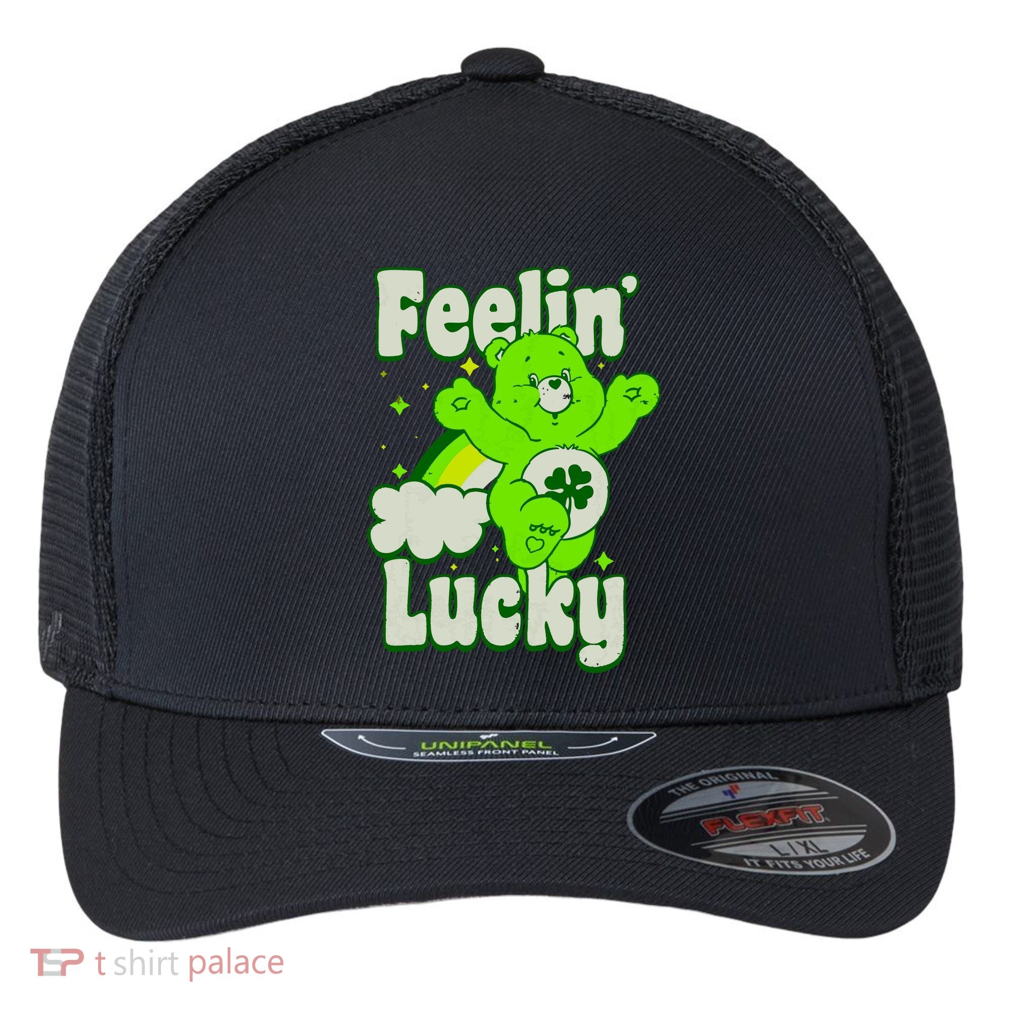 Bears Good Luck Bear Jumping Feelin Lucky Distressed Flexfit Unipanel Trucker Cap