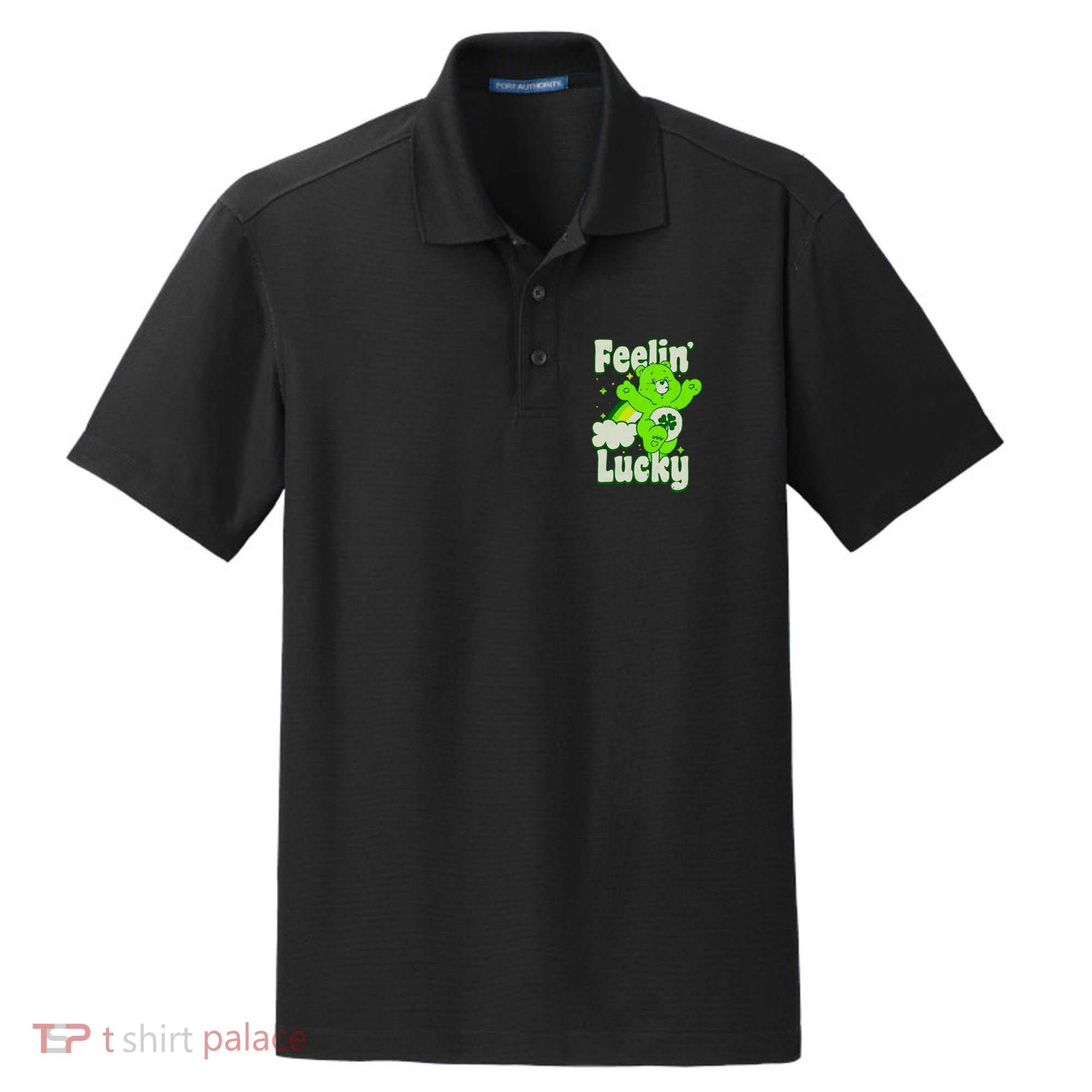 Bears Good Luck Bear Jumping Feelin Lucky Distressed Dry Zone Grid Polo