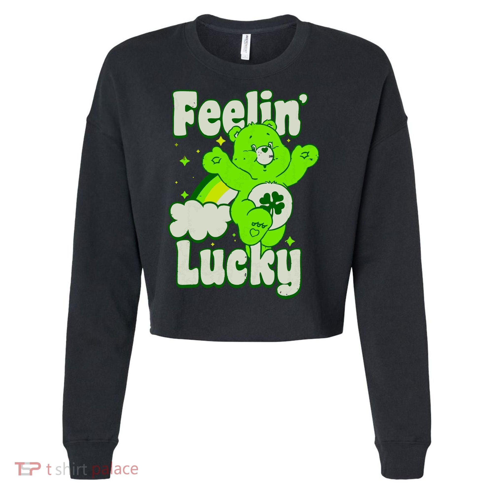 Bears Good Luck Bear Jumping Feelin Lucky Distressed Cropped Pullover Crew