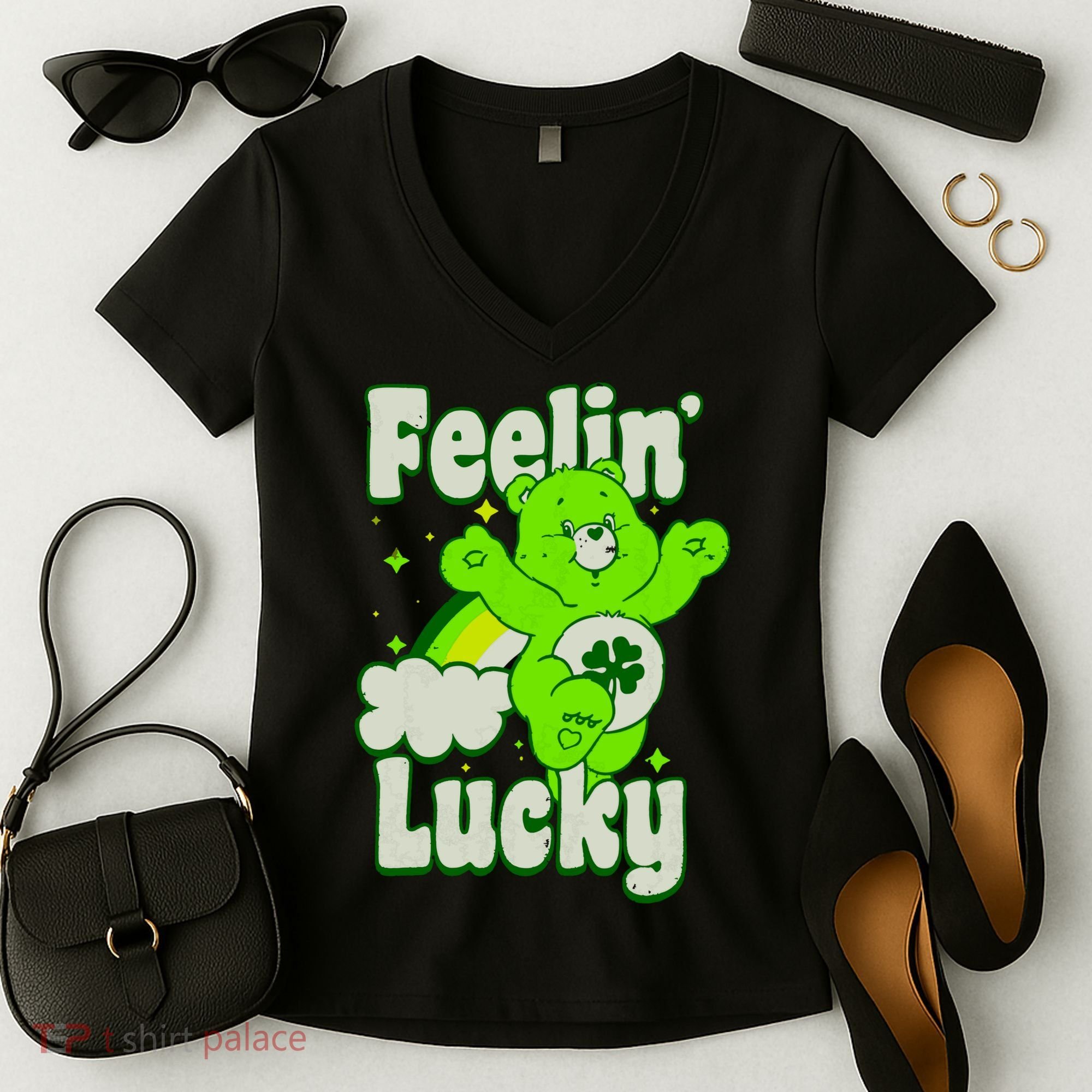 Bears Good Luck Bear Jumping Feelin Lucky Distressed Women's V-Neck T-Shirt