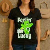 Bears Good Luck Bear Jumping Feelin Lucky Distressed Women's V-Neck T-Shirt thumb 3
