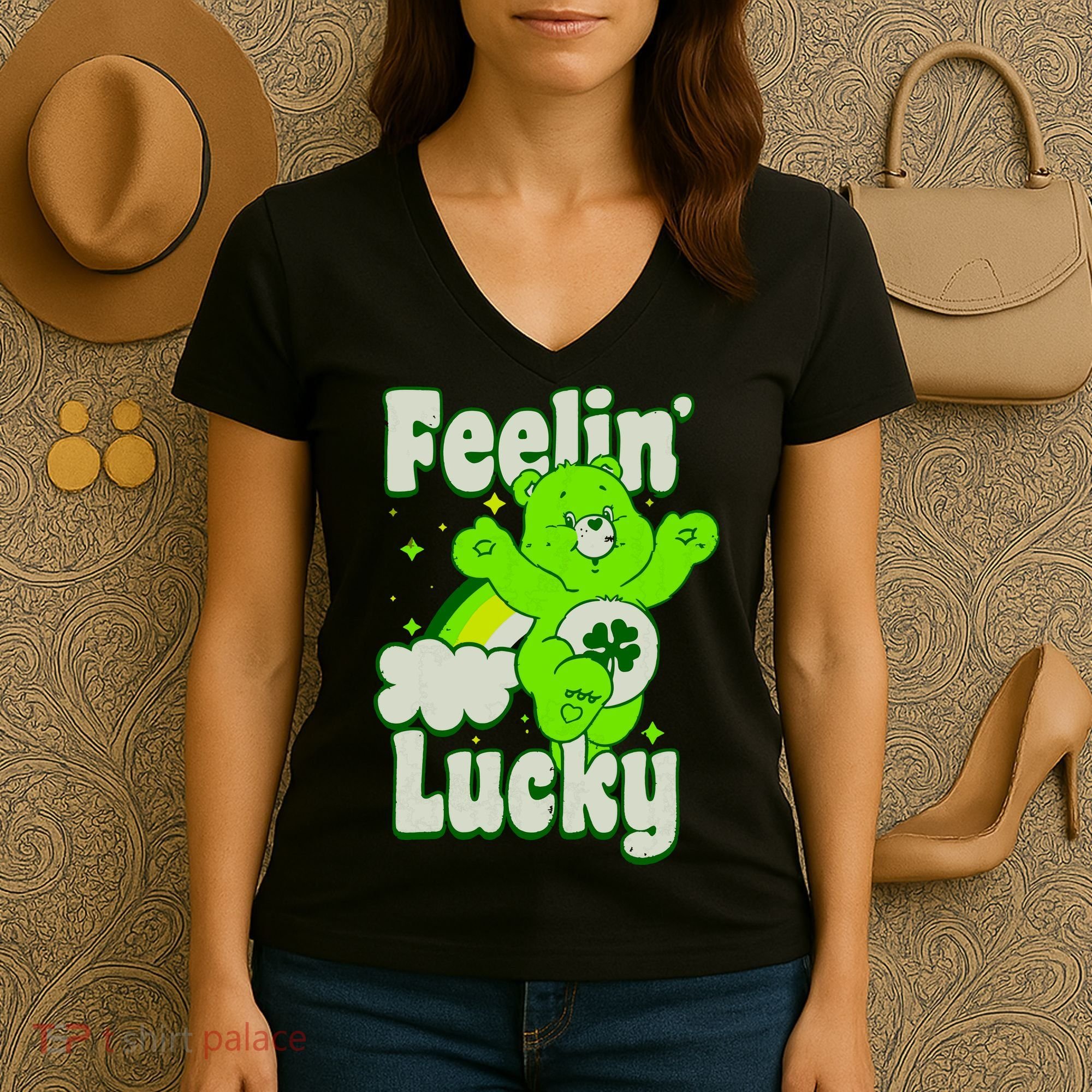 Bears Good Luck Bear Jumping Feelin Lucky Distressed Women's V-Neck T-Shirt