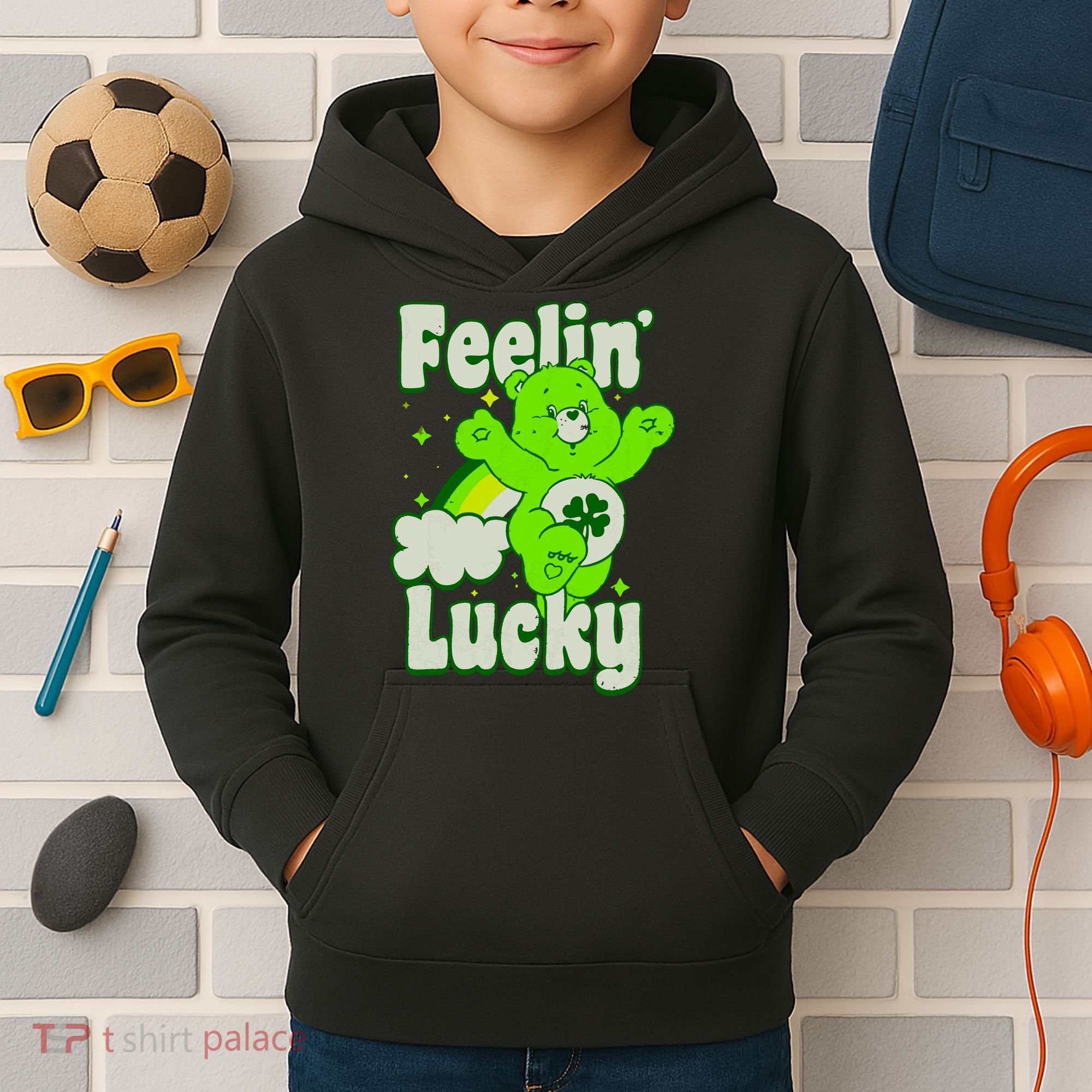 Bears Good Luck Bear Jumping Feelin Lucky Distressed Kids Hoodie
