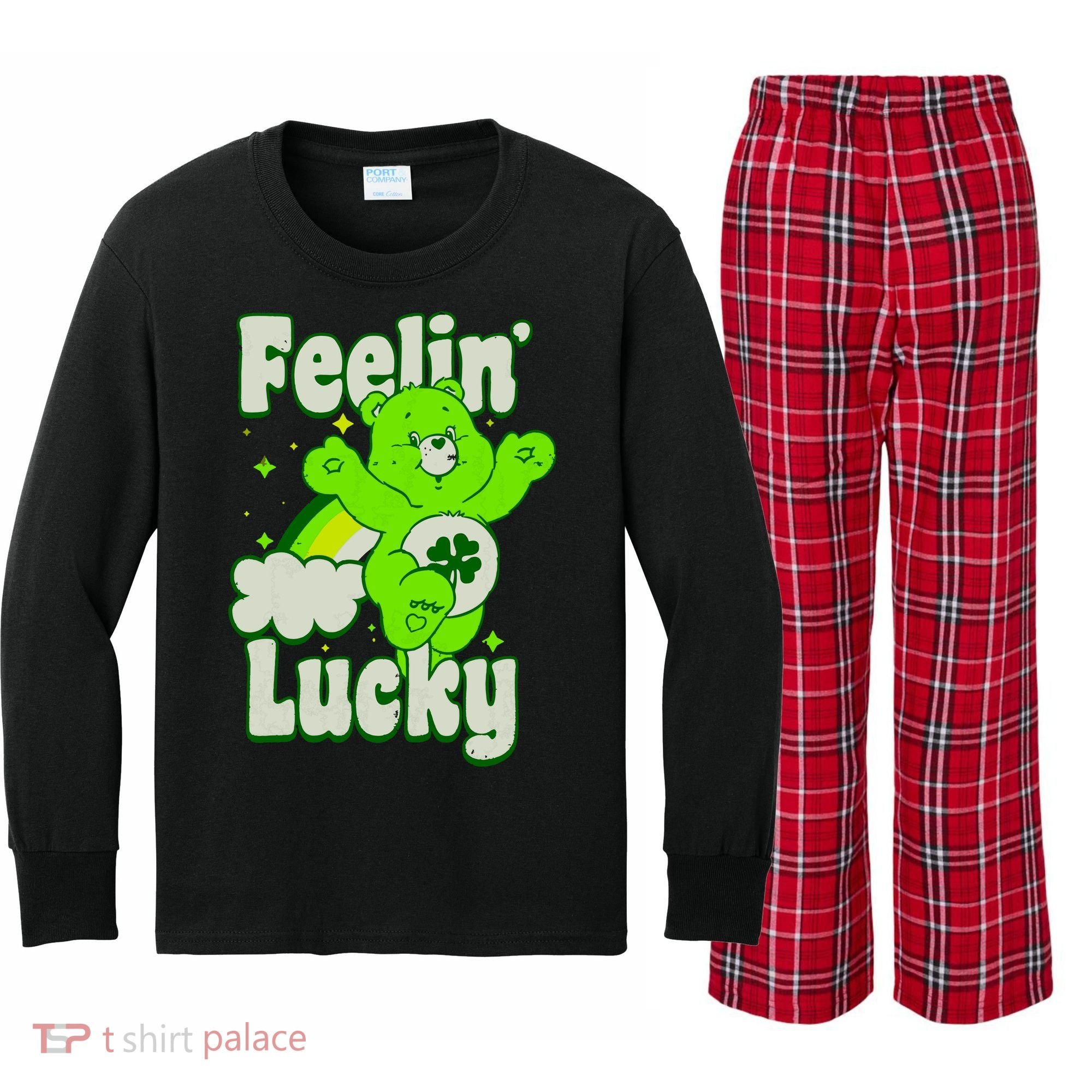 Bears Good Luck Bear Jumping Feelin Lucky Distressed Kids Long Sleeve Plaid Pajama Set