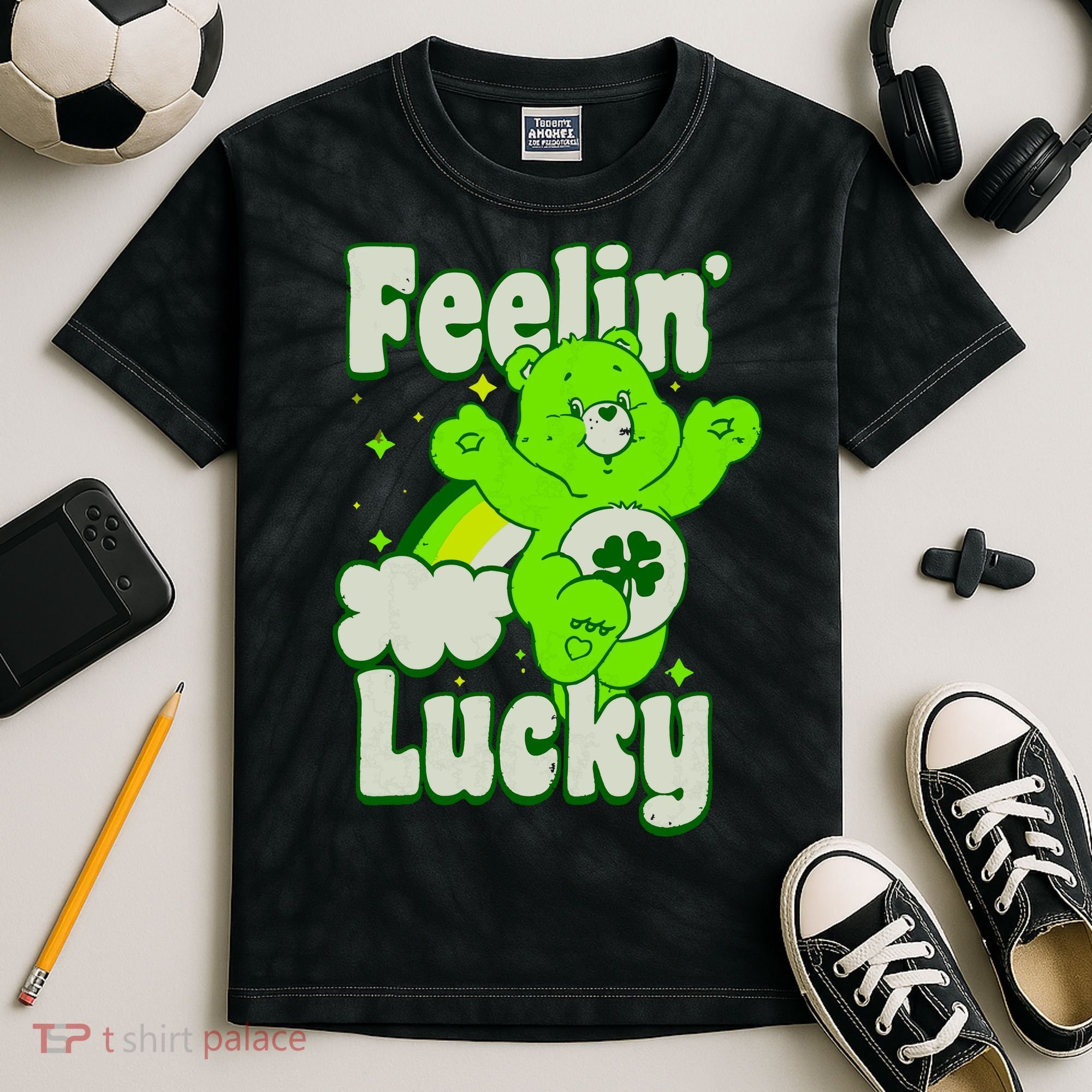 Bears Good Luck Bear Jumping Feelin Lucky Distressed Kids Tie-Dye T-Shirt