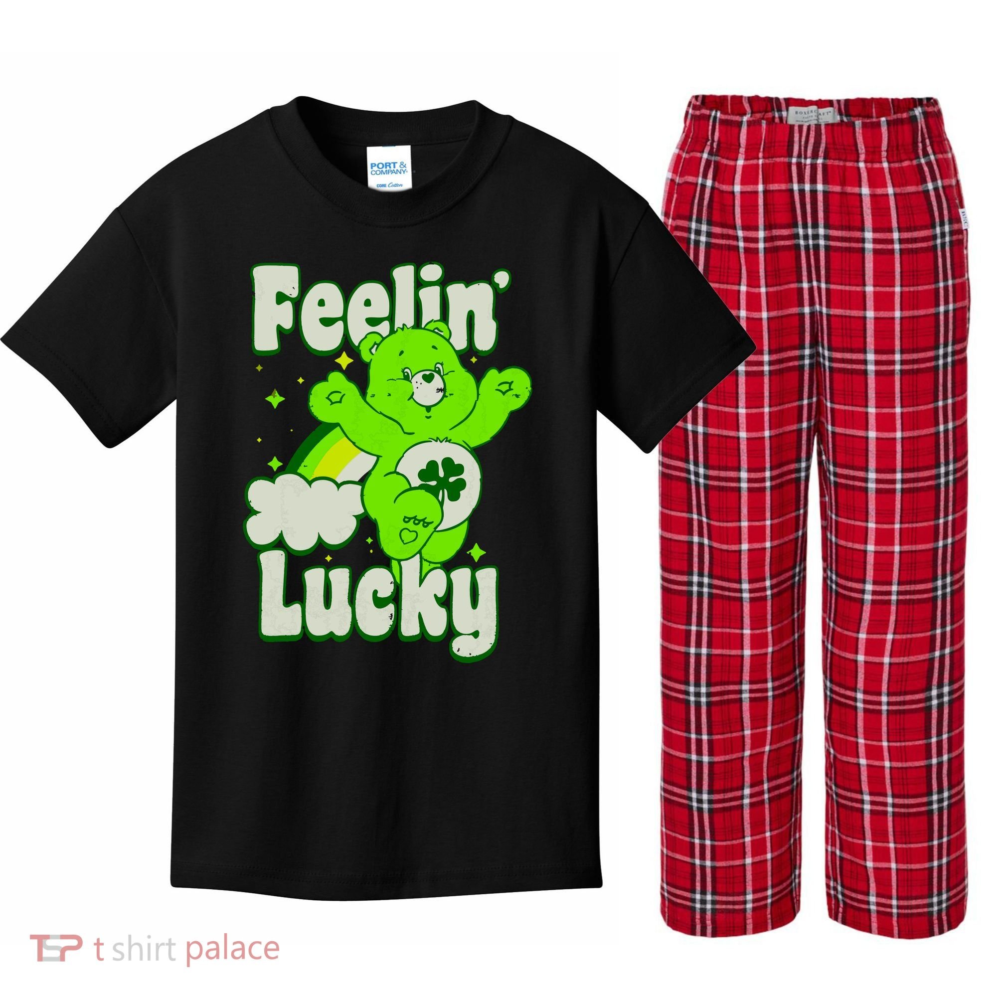 Bears Good Luck Bear Jumping Feelin Lucky Distressed Kids Plaid Pajama Set